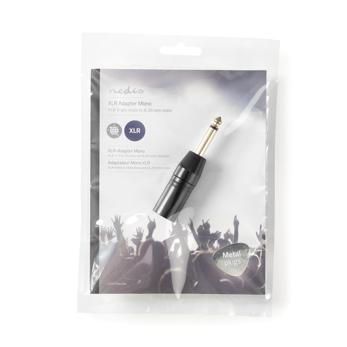 XLR-Adapter in transparenter Verpackung. Enthält einen XLR 3-poligen Stecker auf 6,35 mm Mono-Klinke.