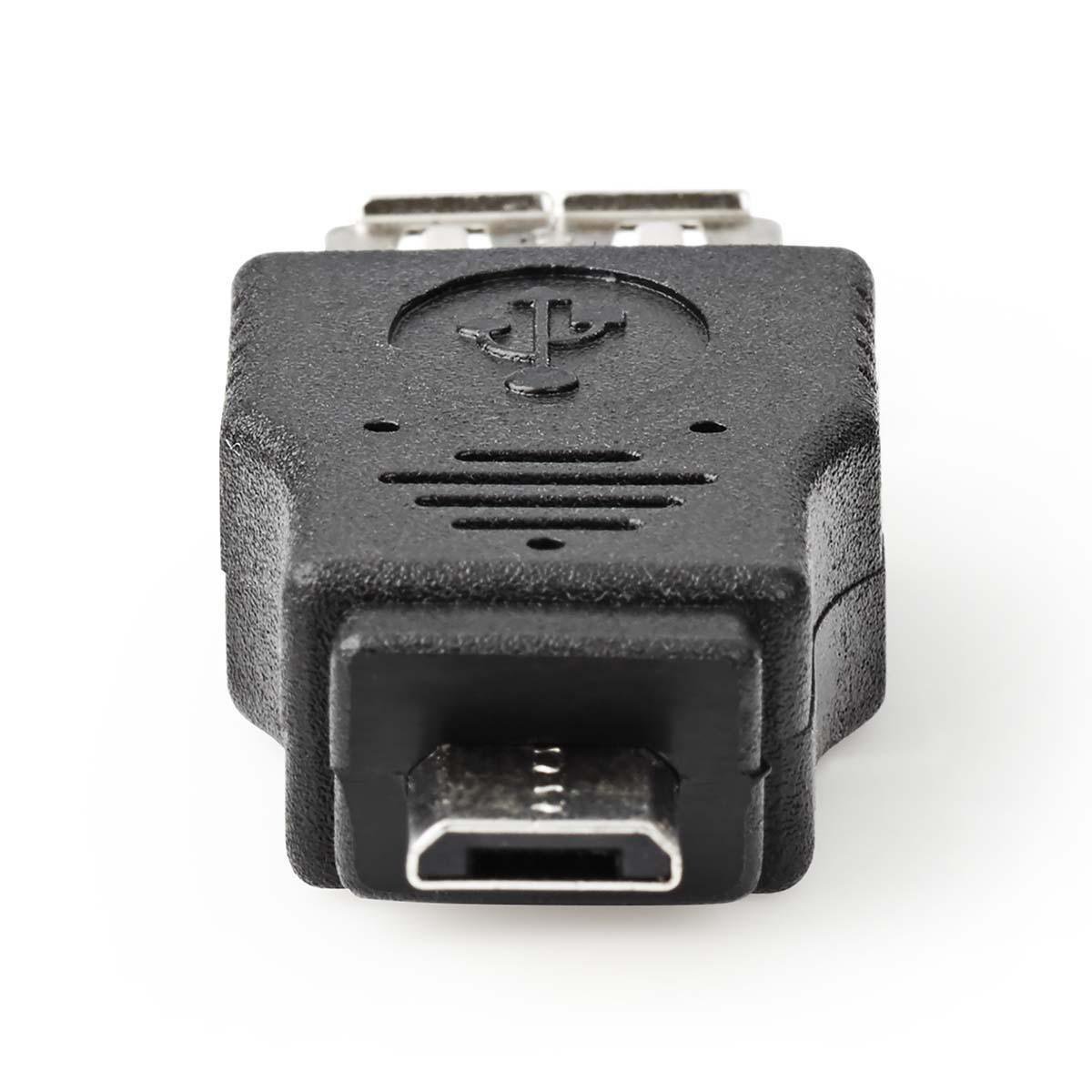 Czarny adapter USB z portem micro-USB, widok z przodu, na białym tle.