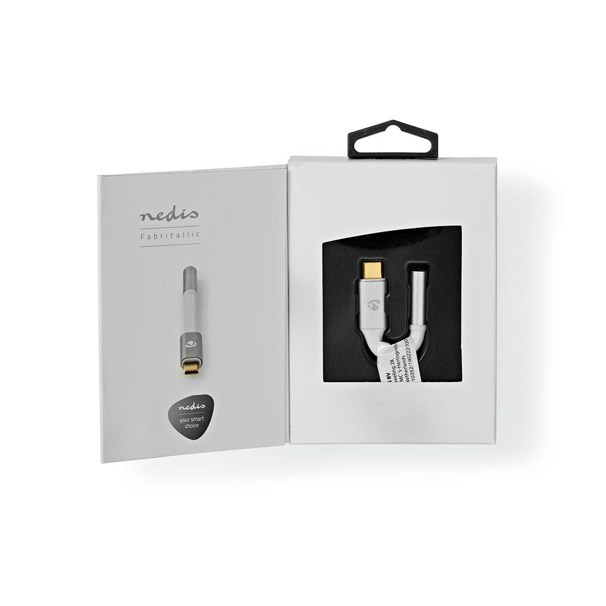 White packaging with a USB-C adapter. The cable is silver and white, with branding on the packaging.