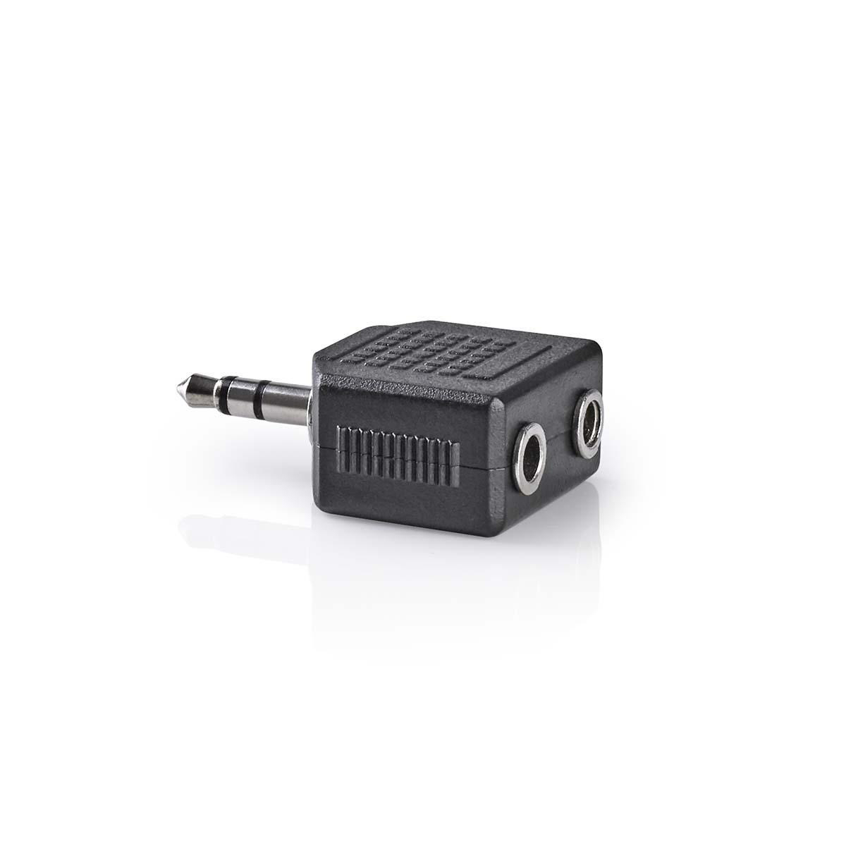 Schwarzer Audioadapter mit 3,5-mm-Klinke und zwei Buchsen.