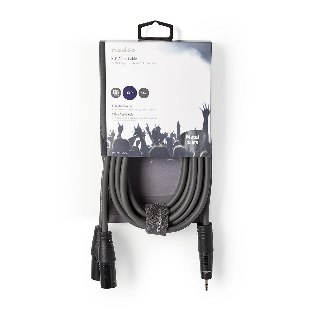 XLR-audiokabel in verpakking, grijze kabel, zwarte connectoren.