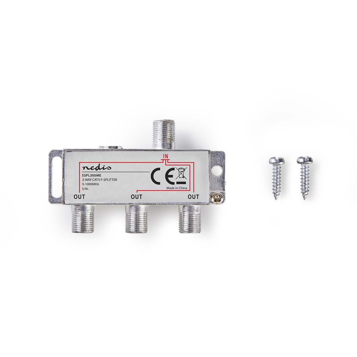 Zilveren CATV-splitter met drie uitgangspoorten, twee schroeven en het Nedis-merklogo.