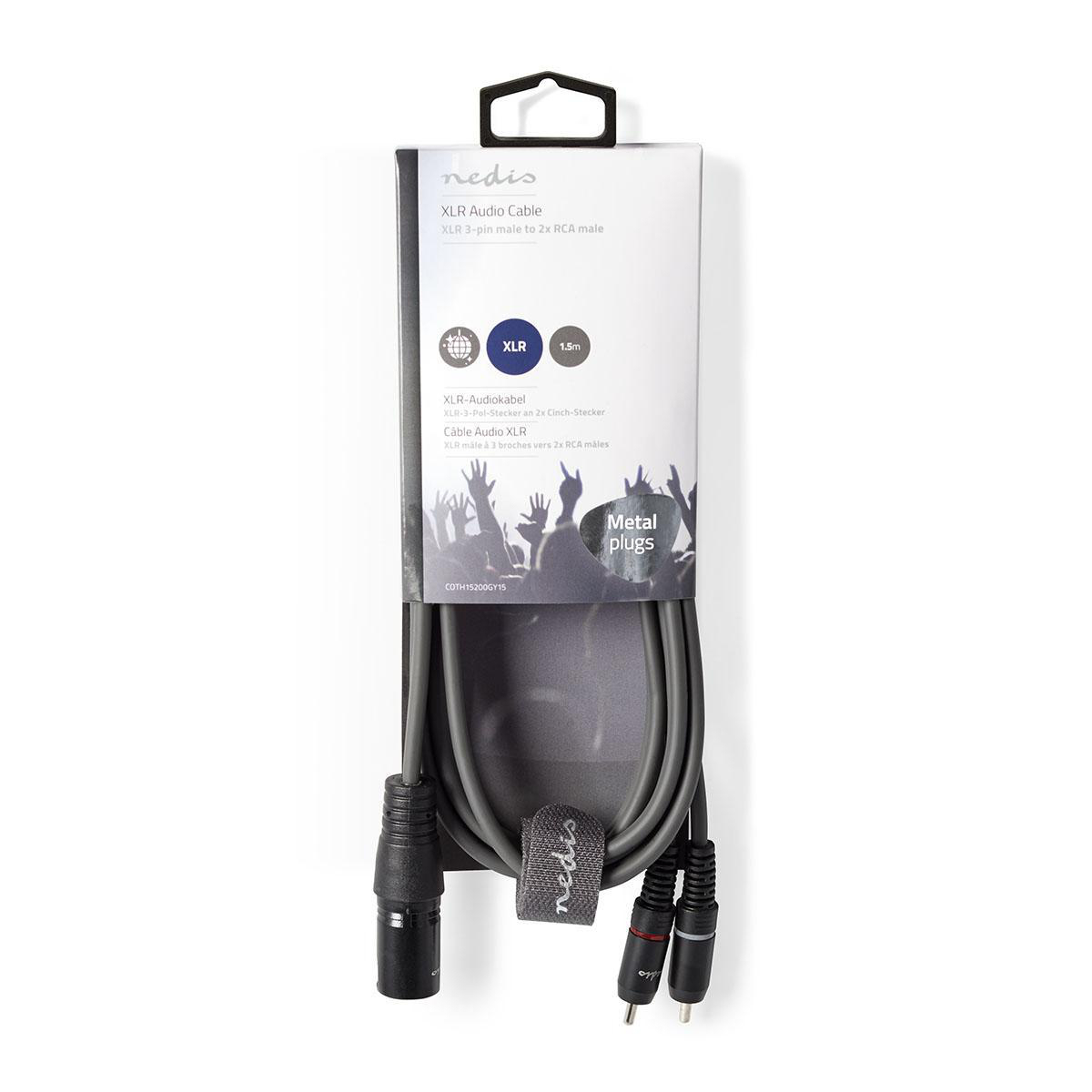 XLR-audiokabel in een verpakking. De kabel is grijs met een zwarte connector en een label.