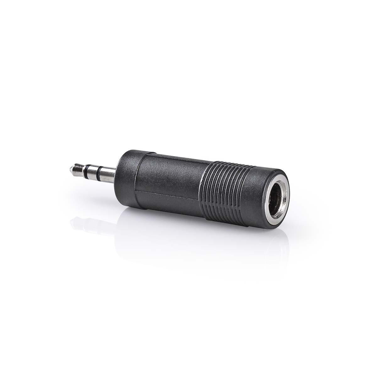 Schwarzer Audio-Klinkenadapter. Er hat einen Stecker an einem Ende und eine Buchse am anderen.