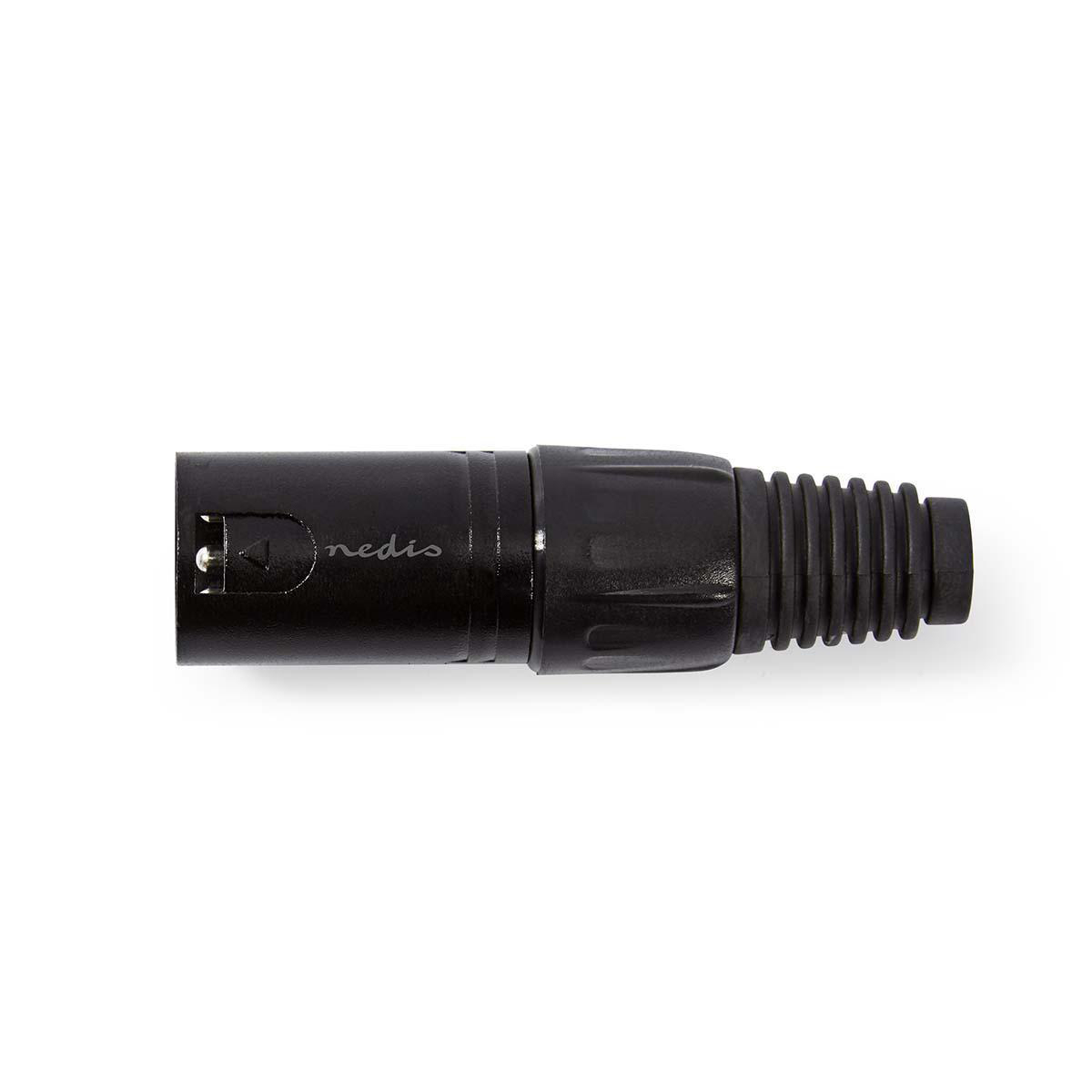 Ein schwarzer Nedis-Stecker für Audiozwecke mit zylindrischer Form.