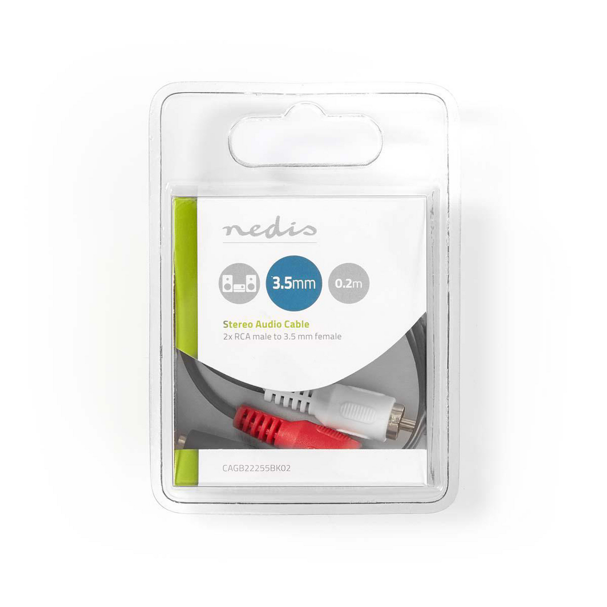 Stereo audio cable in a package with a white background.