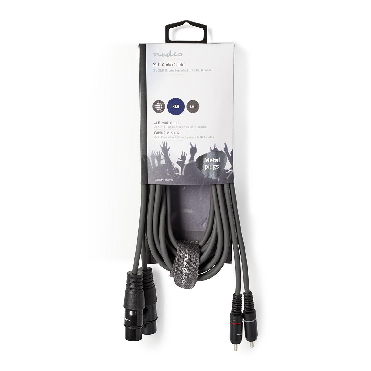 XLR audiokabel verpakking. Grijze kabel met zwarte connectoren. Het merk Nedis is zichtbaar.