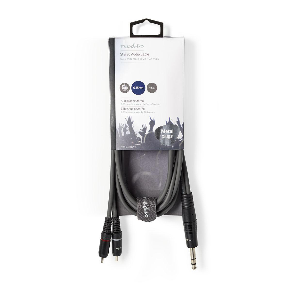 Grijze stereo audiokabel in verpakking, met twee RCA-connectoren en een 6,35 mm mannelijke stekker.