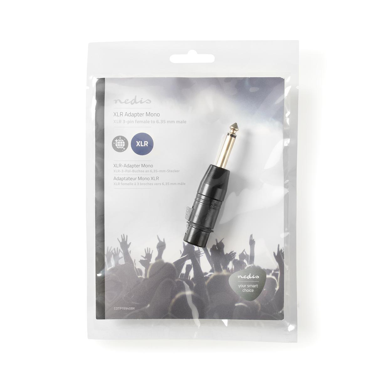 Verpackung mit XLR-Adapter. Der Adapter ist schwarz und befindet sich auf weißem Hintergrund mit Logo.