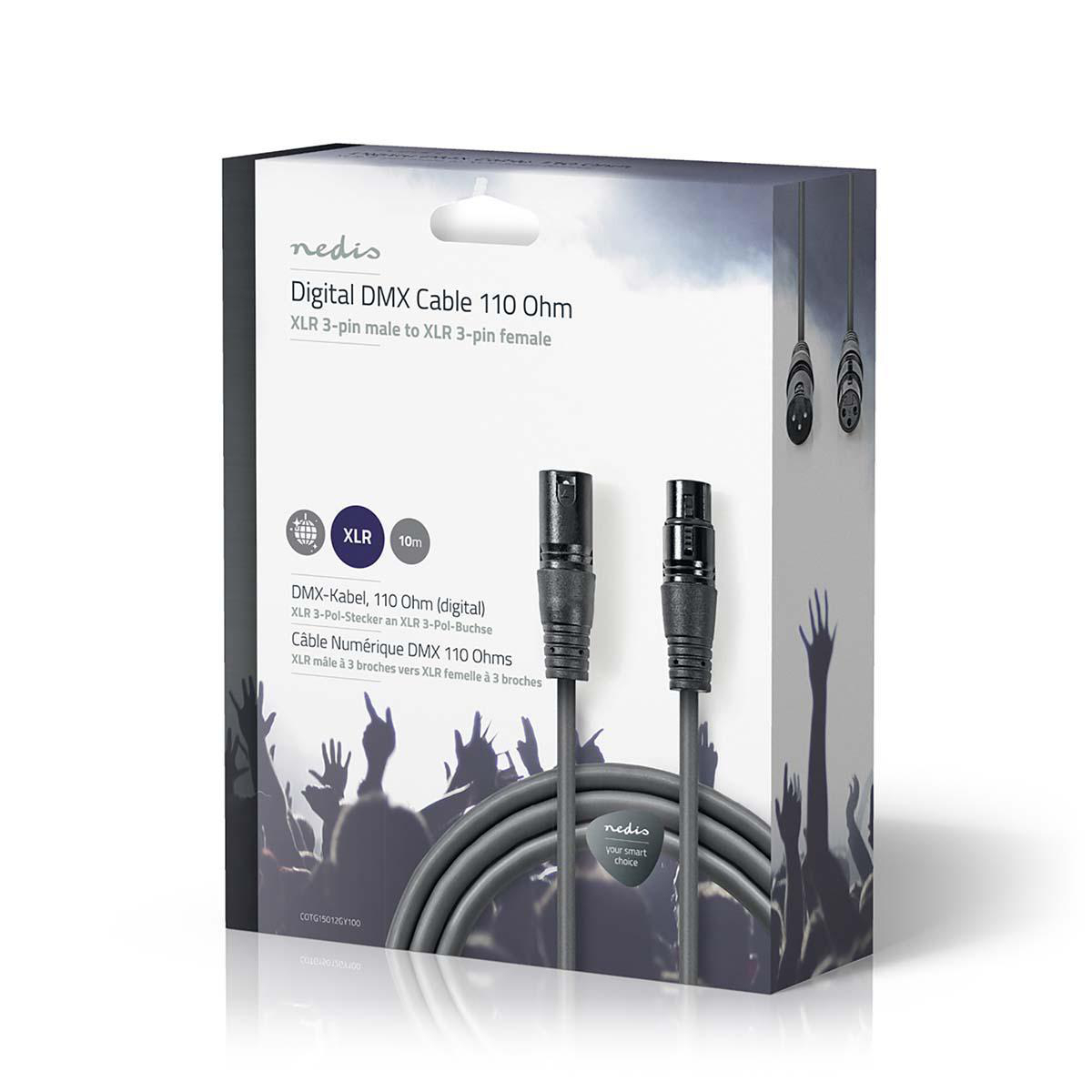 Una scatola contenente un cavo DMX grigio con connettori e sagome di persone.