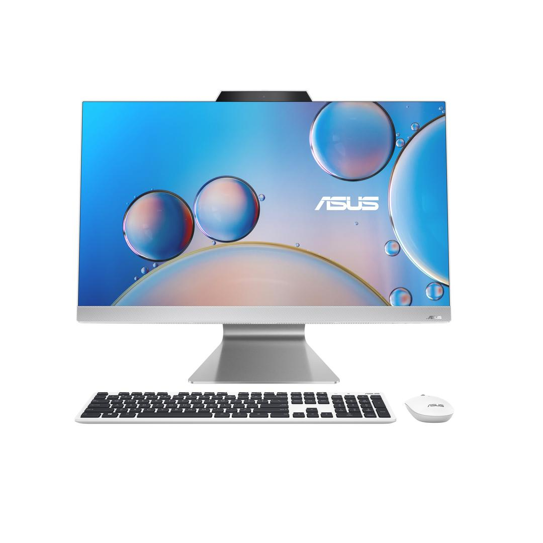 Komputer All-in-one Asus z monitorem, klawiaturą, myszą. Znajduje się na białej powierzchni.