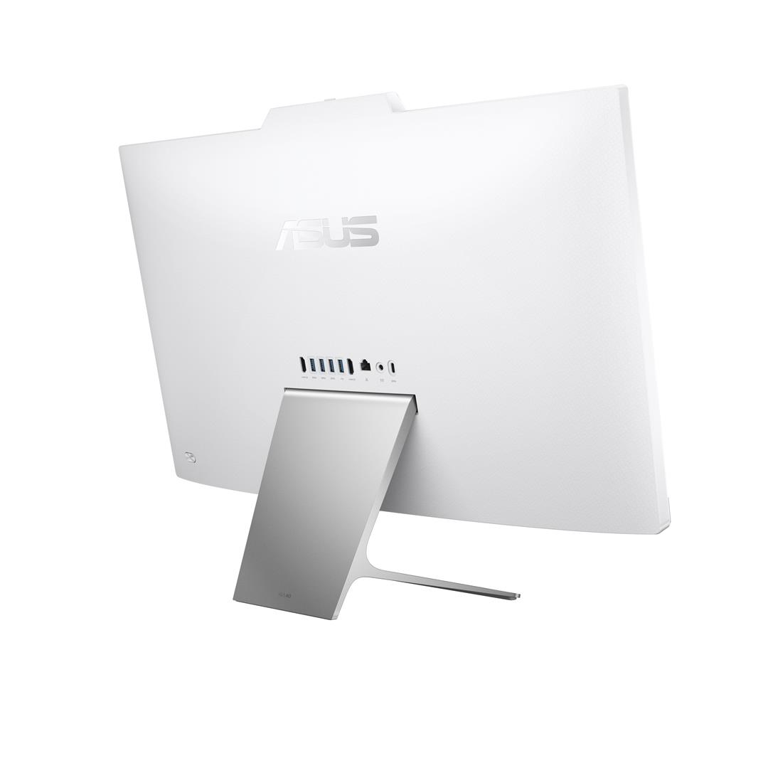 Tył białego komputera ASUS all-in-one. Posiada podstawkę, porty i wentylację.