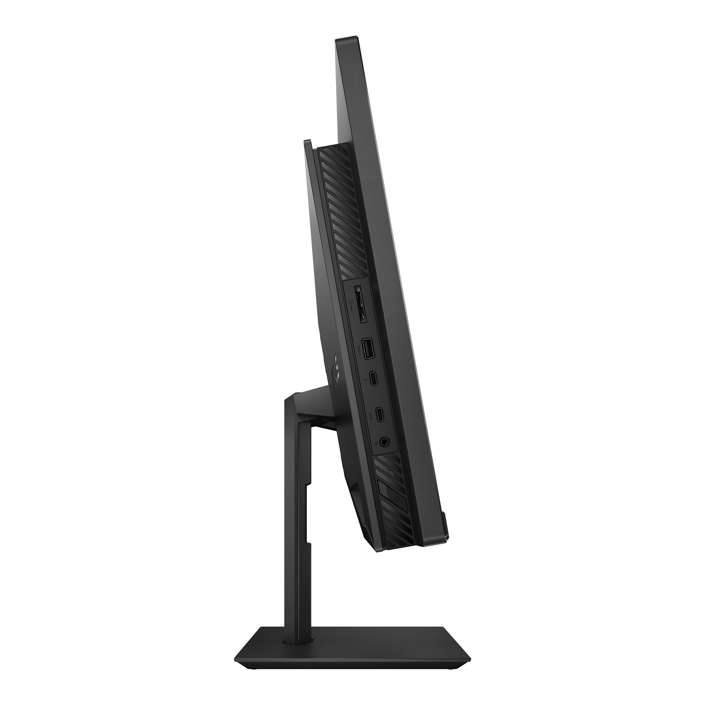 Czarny monitor komputera ustawiony z boku. Posiada porty i podstawę.