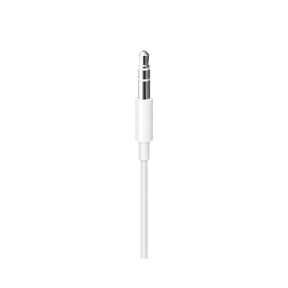 Ein weißer Klinkenstecker mit weißem Kabel, auf weißem Hintergrund. Der Stecker ist silberfarben.