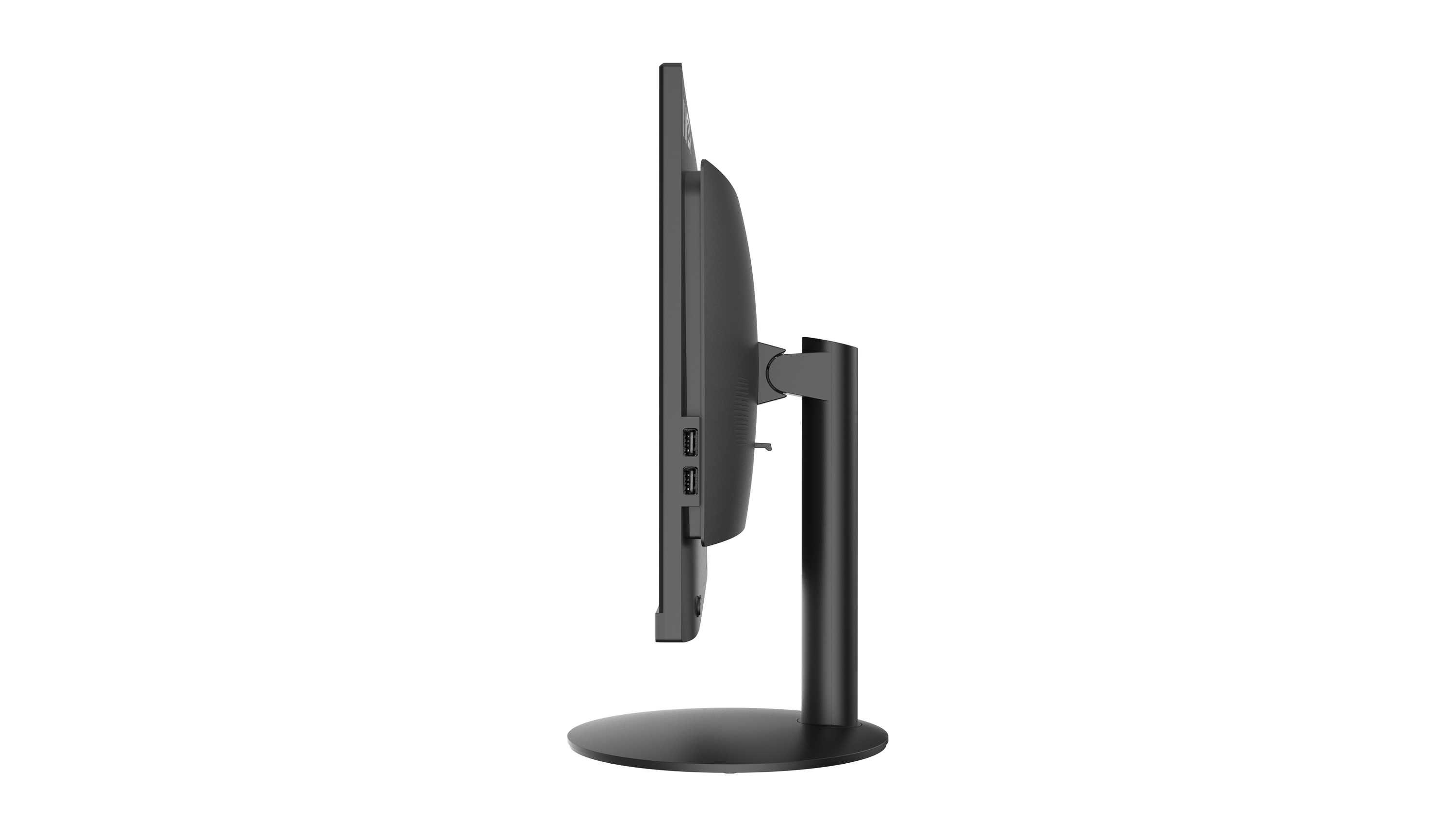 Un monitor per computer nero di lato. Su un supporto. Due porte USB visibili.