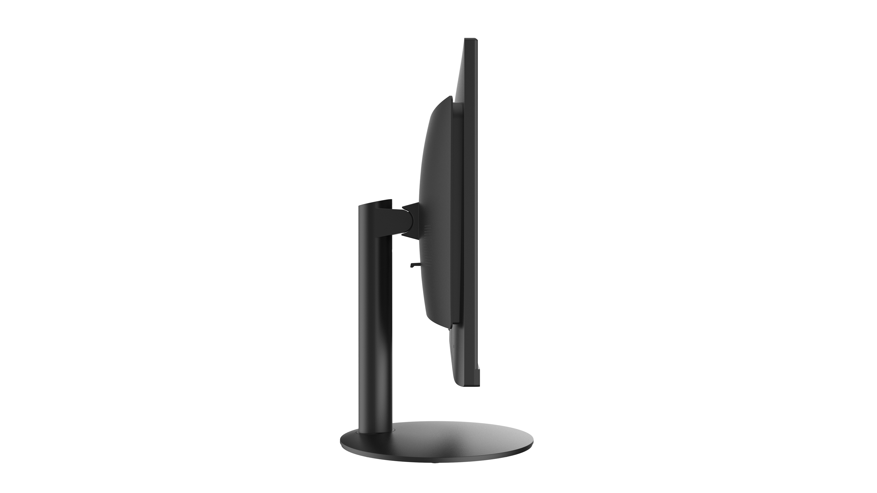 Un monitor del computer nero dalla vista laterale, con un supporto, su sfondo bianco.