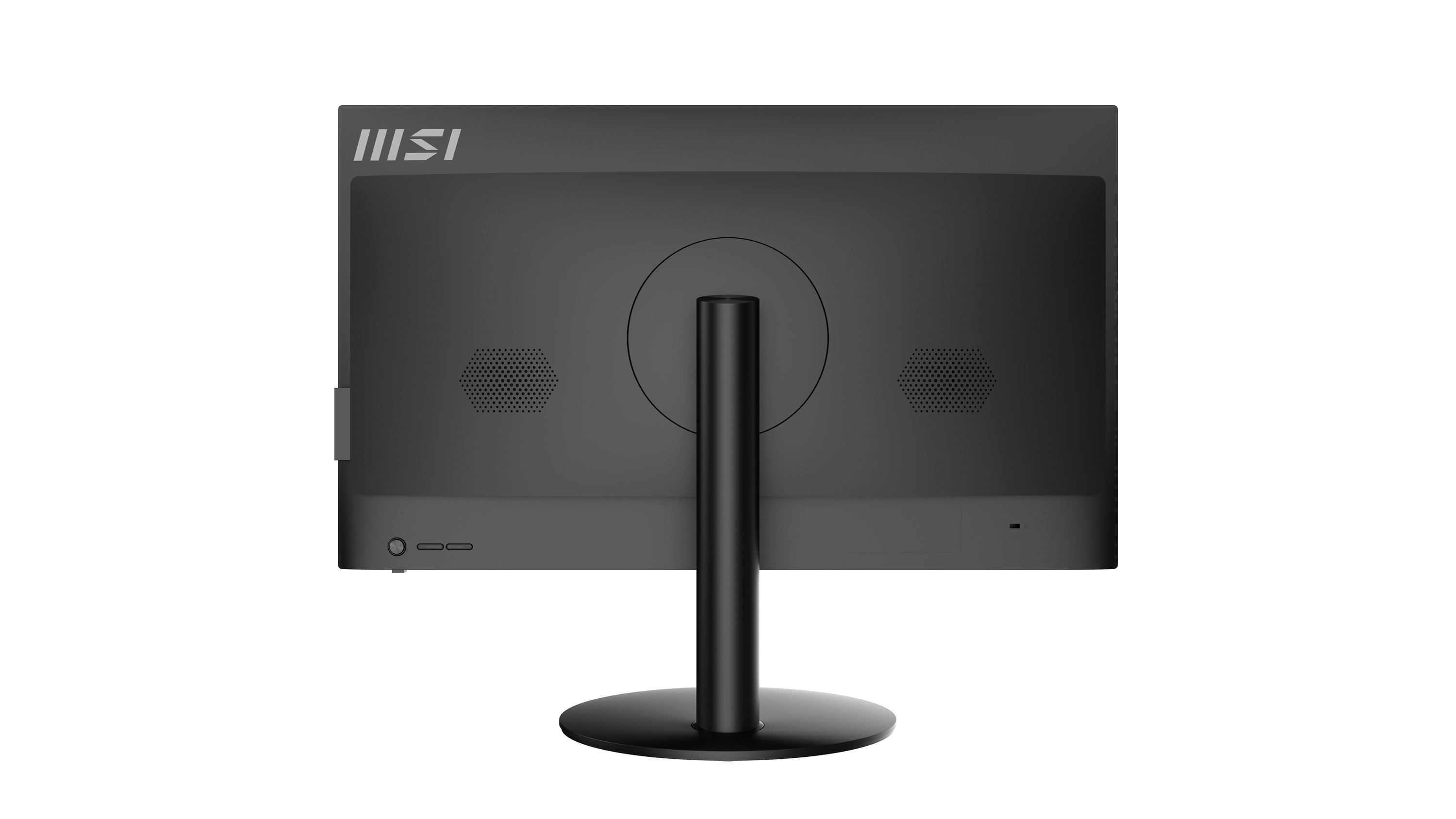 Monitor del computer nero. Vista posteriore con supporto, altoparlanti e porte. Sfondo bianco.