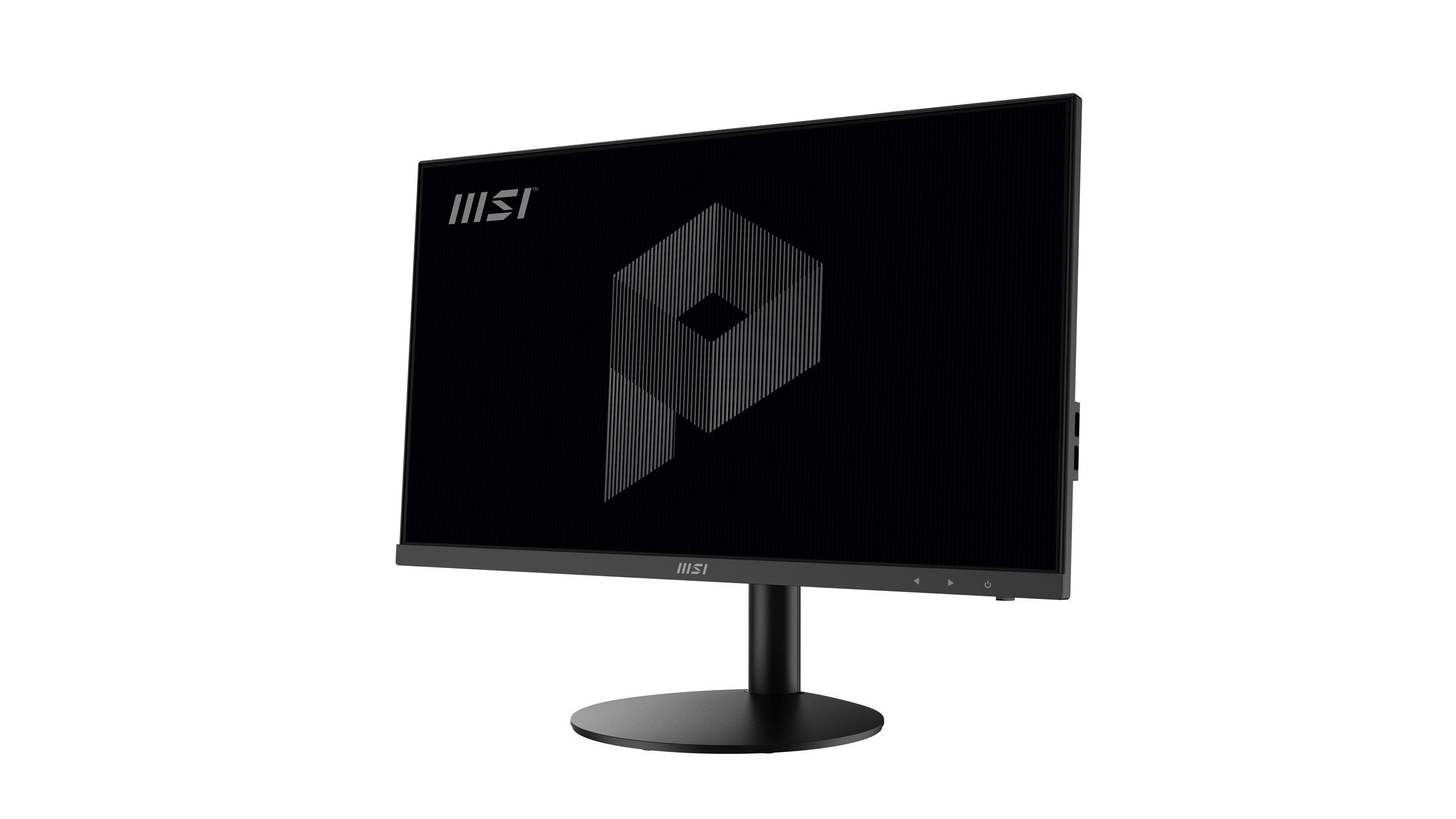 Un monitor per computer nero con il logo MSI visualizzato su uno schermo nero.