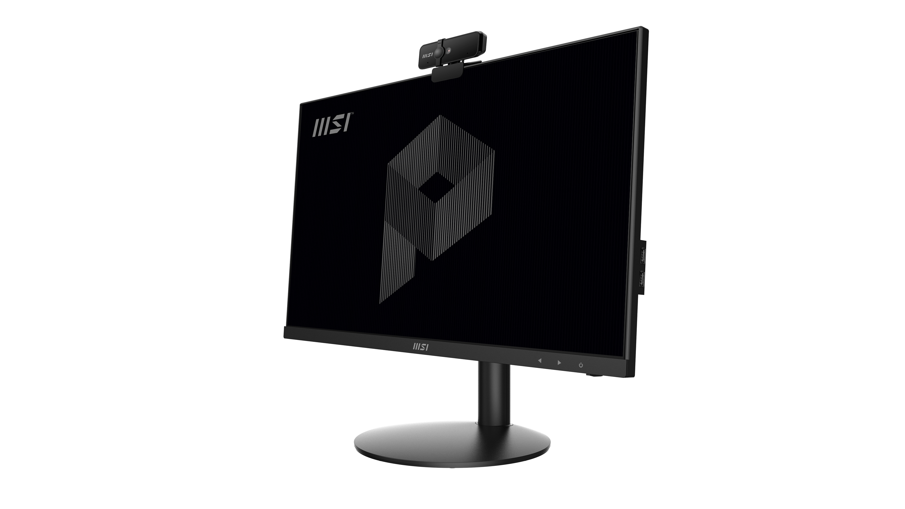 Monitor MSI con webcam collegata. Lo schermo mostra un logo. Il monitor è su un supporto nero.