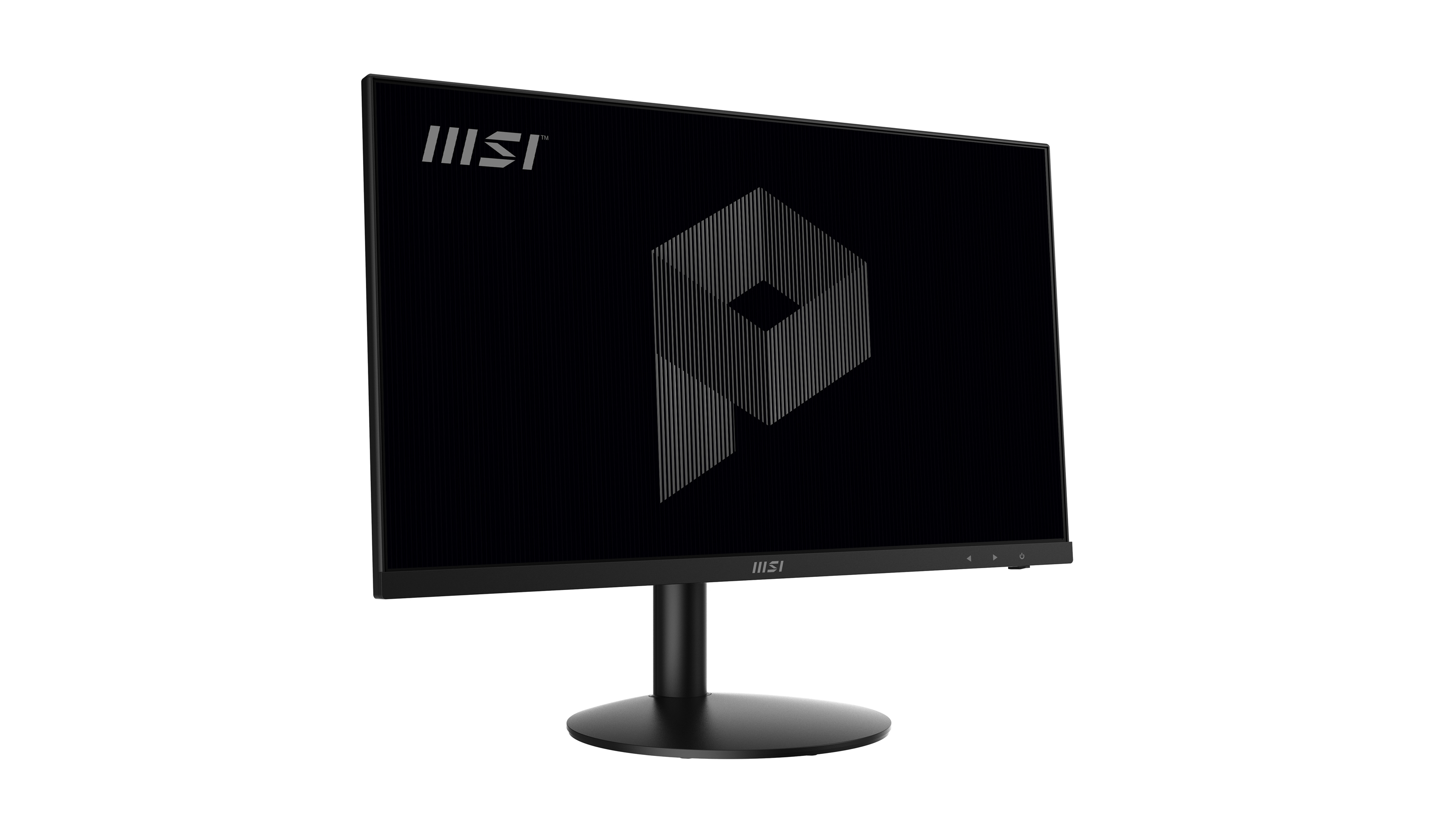 Monitor per computer nero con logo MSI nero. Lo schermo è nero.