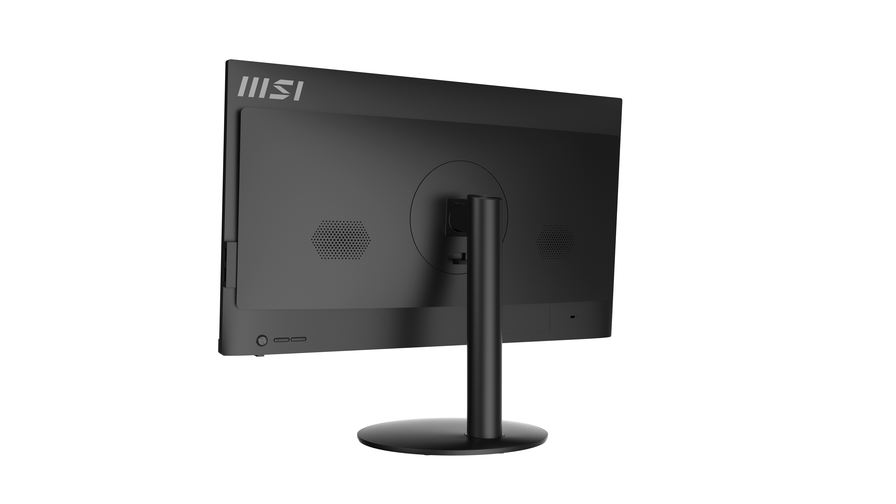 La parte posteriore di un monitor per computer nero. Il supporto è anch'esso nero e lo sfondo è bianco.