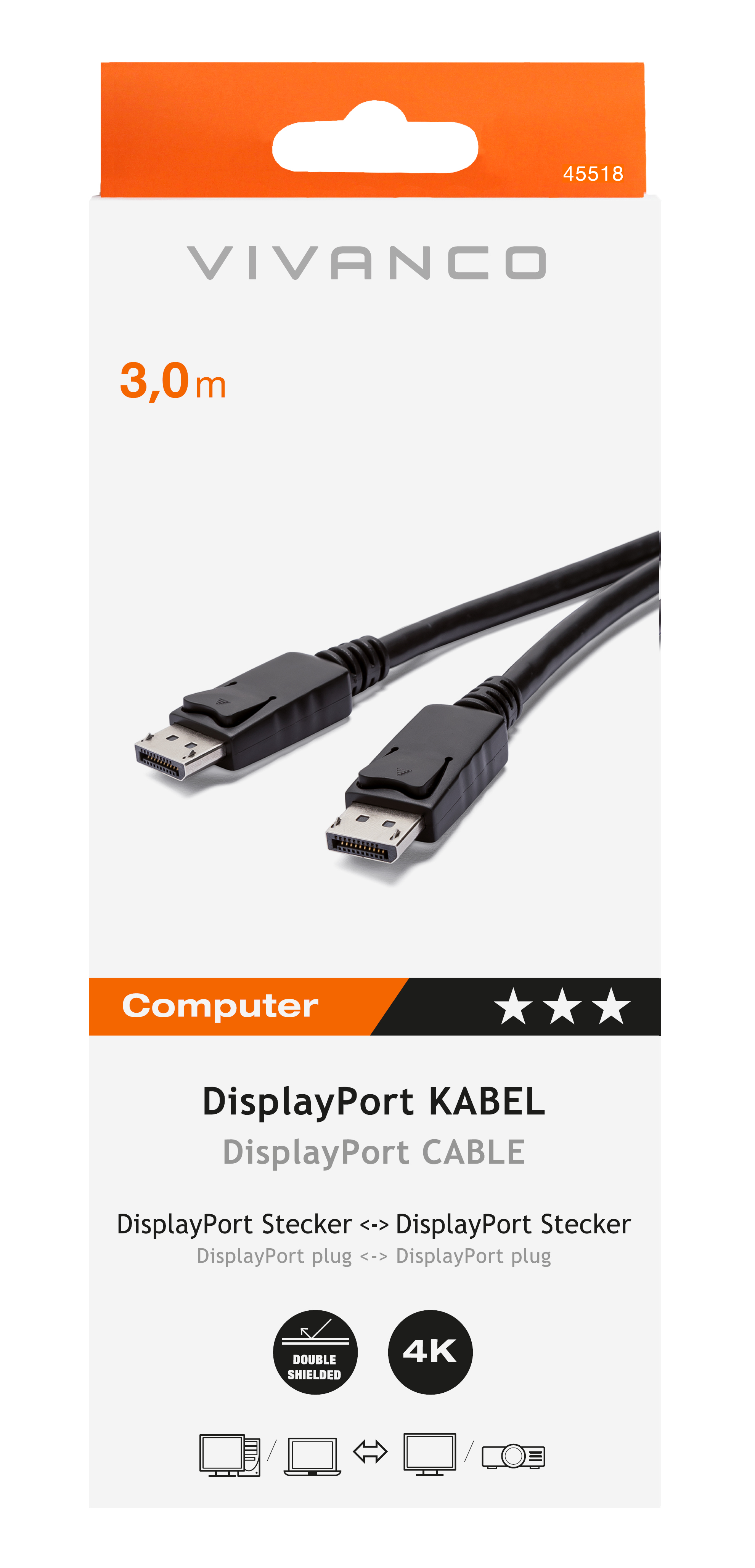 Un cavo DisplayPort nero e la sua confezione, con marchio e specifiche.