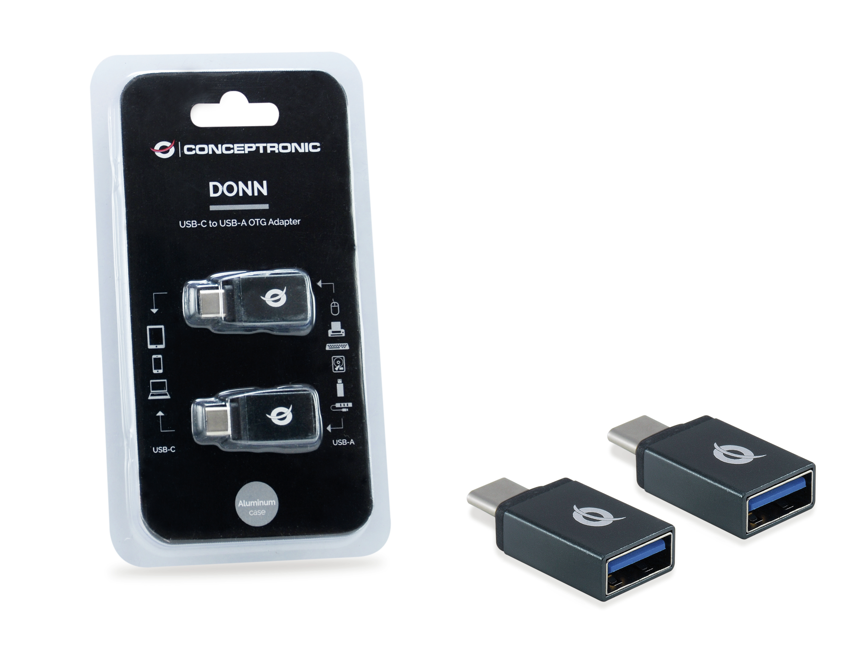 USB-C-zu-USB-A-OTG-Adapter in Verpackung. Zwei Adapter außerhalb der Verpackung gezeigt.