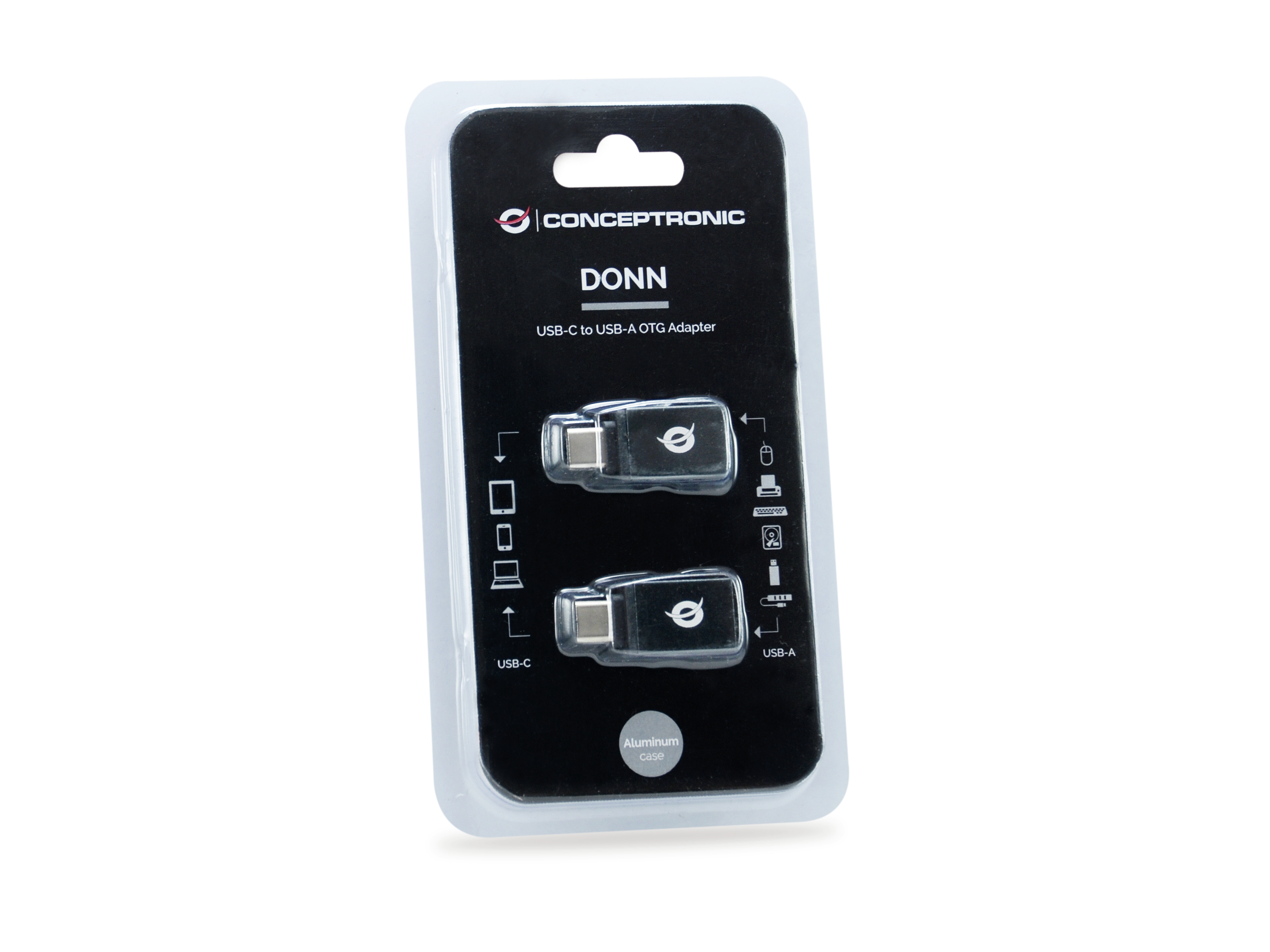 Ein USB-C-zu-USB-A-OTG-Adapter befindet sich in einer Verpackung. Die Verpackung ist transparent und trägt den Produktnamen.