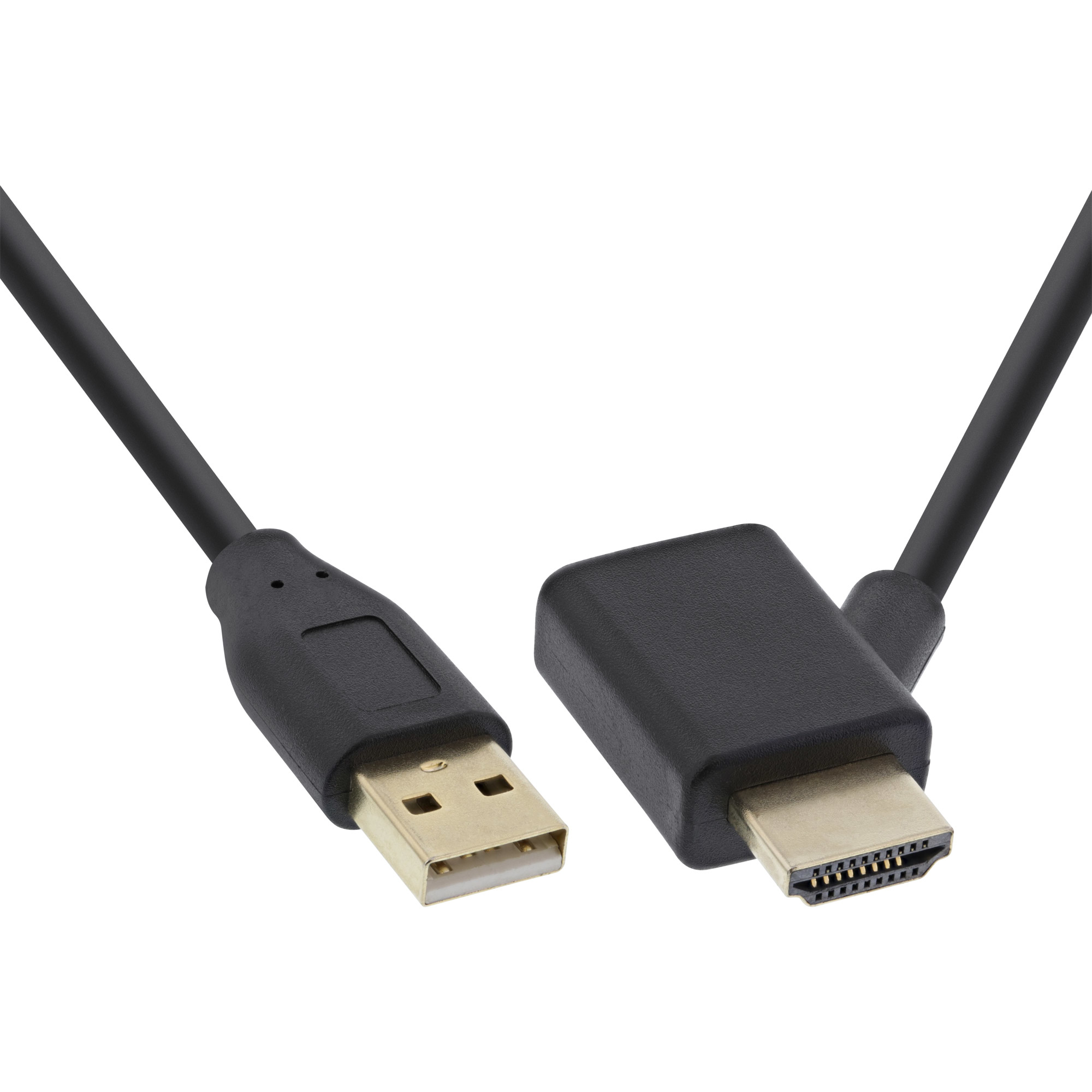 Schwarzes HDMI-zu-USB-Kabel. Ein Ende ist HDMI, das andere USB. Beide Enden sind abgewinkelt.