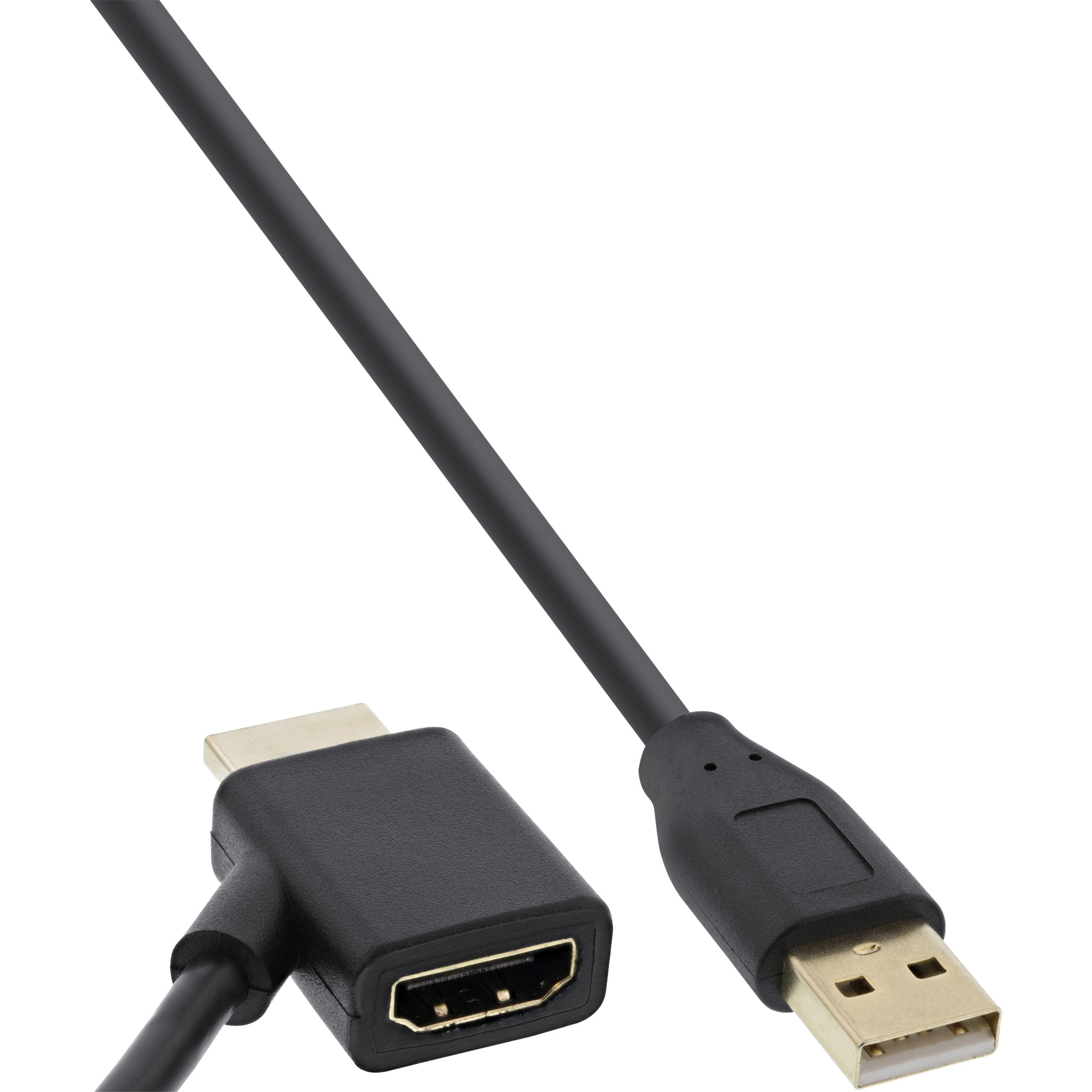 Schwarzes HDMI-zu-USB-Kabel, mit abgewinkeltem HDMI-Anschluss und USB-A-Anschluss, isoliert auf Weiß.