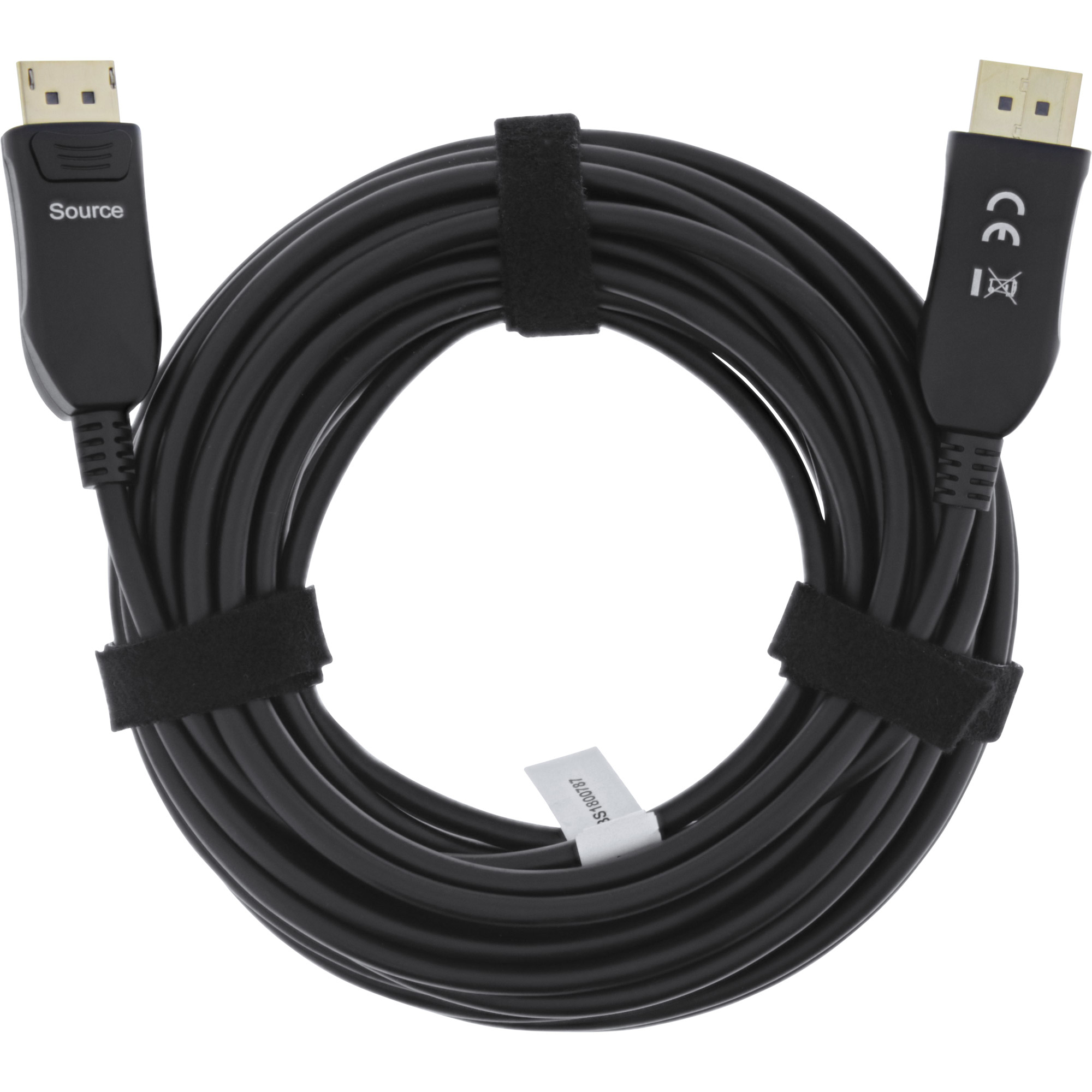 Cavo DisplayPort nero con connettori neri e cinghie in velcro.