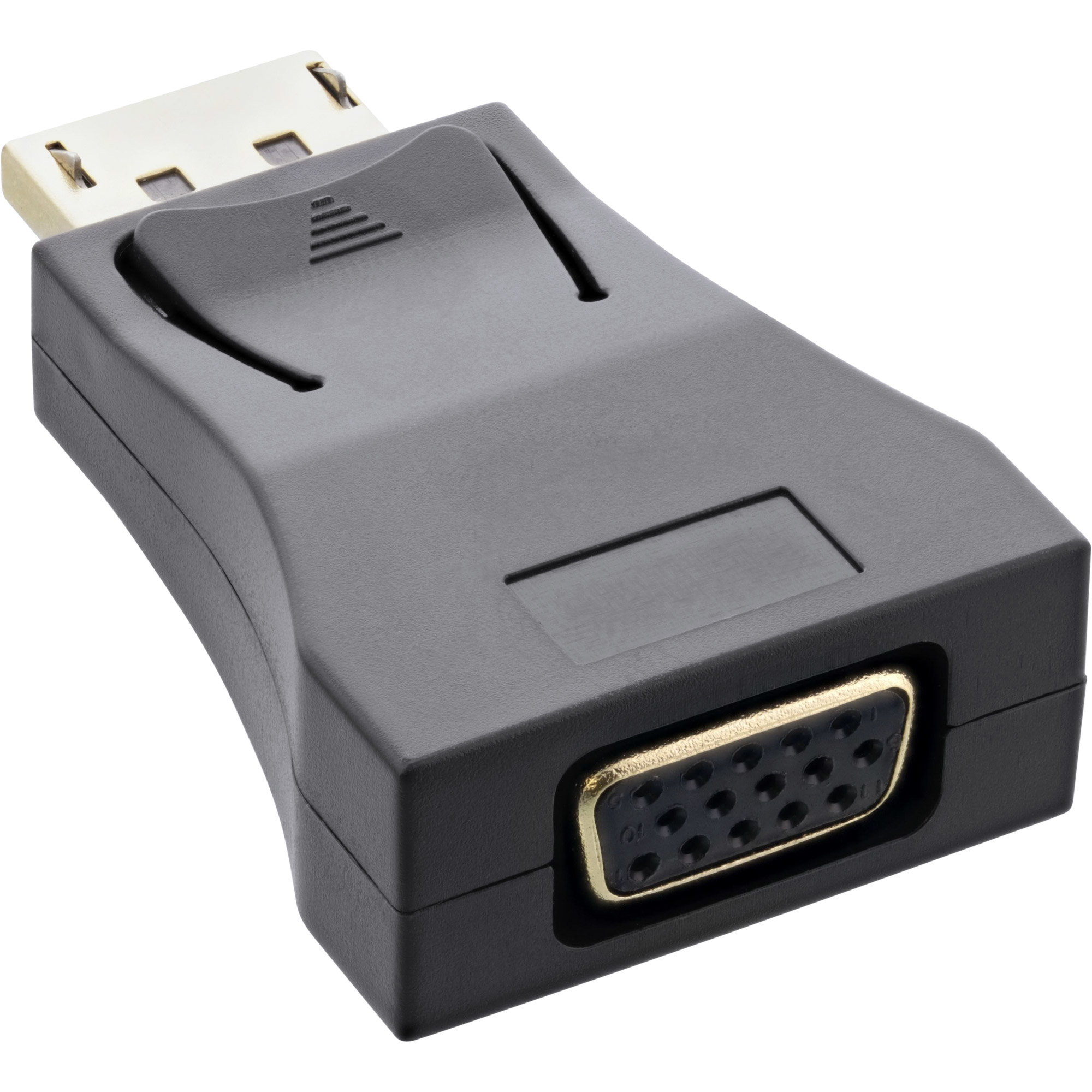 Schwarzer DisplayPort-zu-VGA-Adapter mit schwarzem Gehäuse und weißem Stecker.