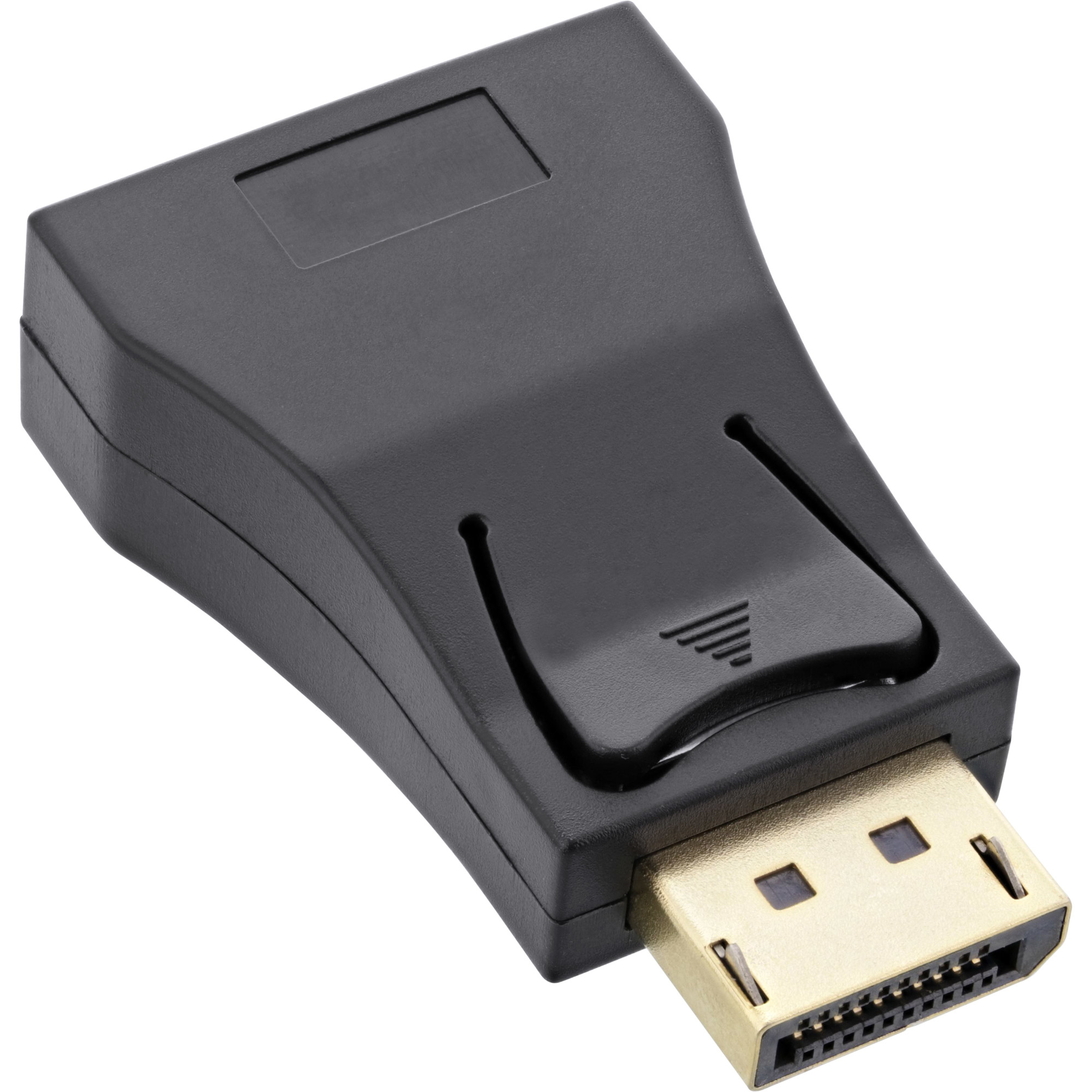 Schwarzer DisplayPort-Adapter mit goldfarbenem Stecker. Er hat eine Entriegelungstaste.