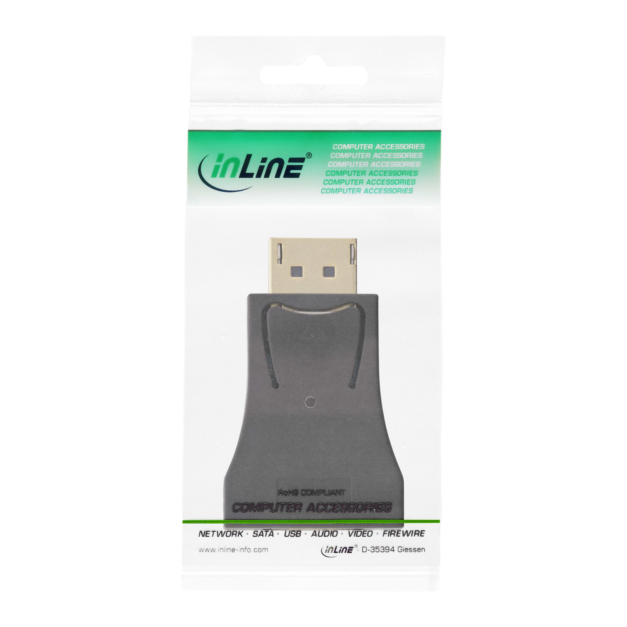 Schwarzer und silberner DisplayPort-zu-USB-C-Adapter in Plastikverpackung.