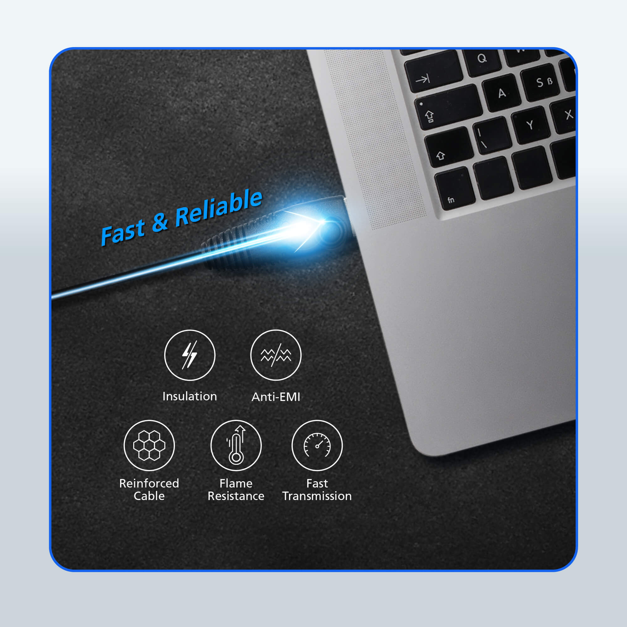 Un ordinateur portable avec un câble bleu connecté, avec des icônes indiquant des fonctionnalités comme l'isolation.