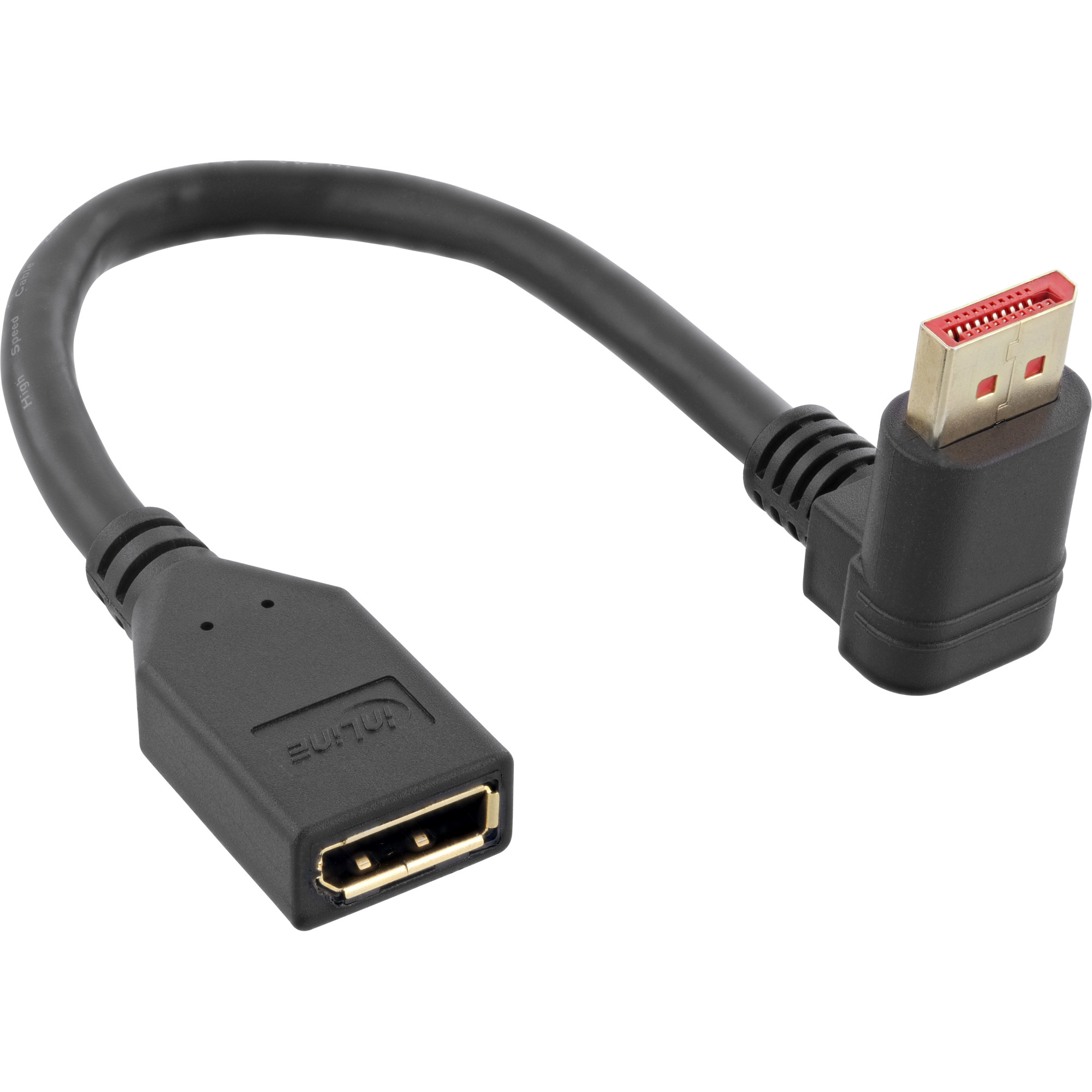 Câble adaptateur DisplayPort noir avec connecteur coudé.