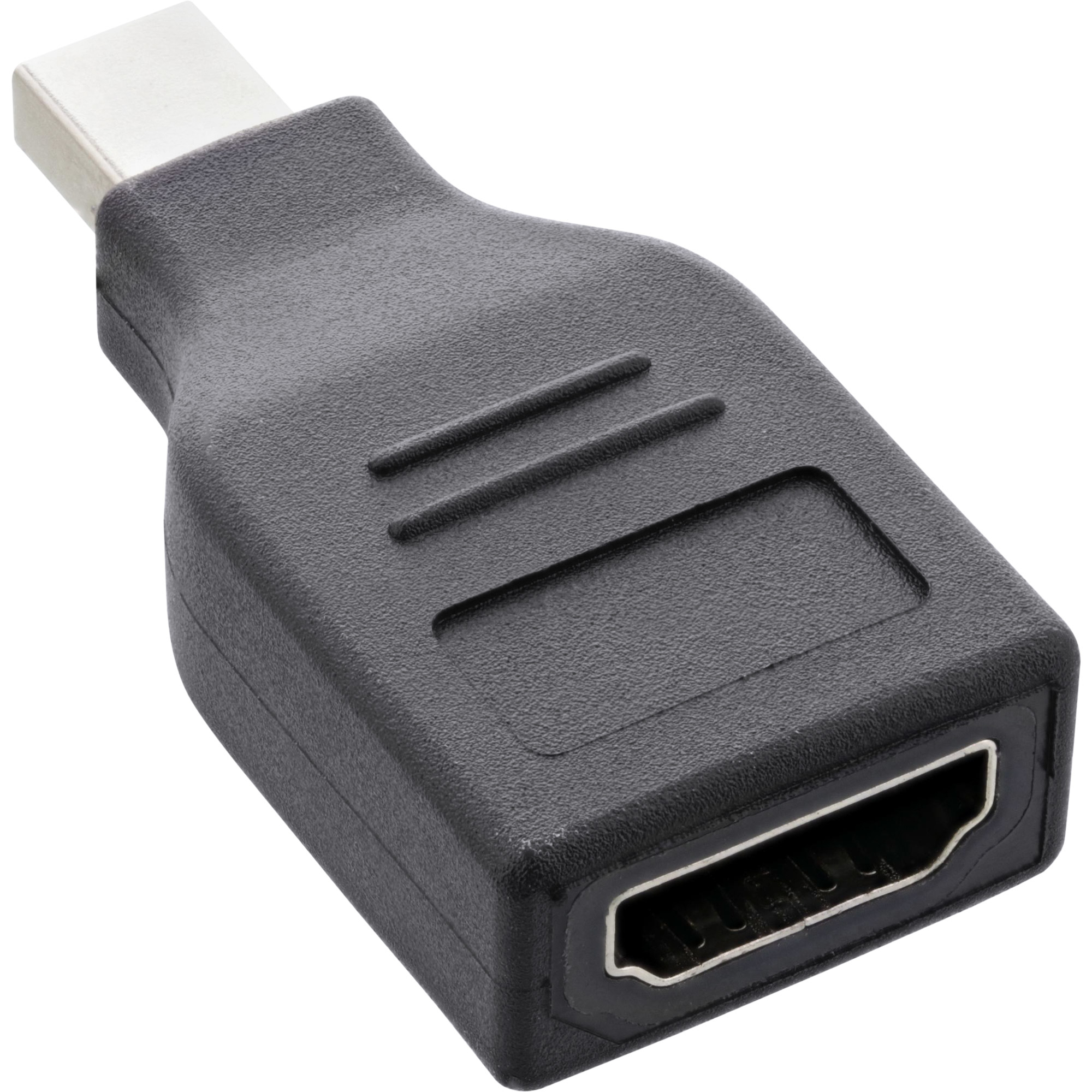 Adattatore HDMI nero, primo piano, su sfondo bianco.