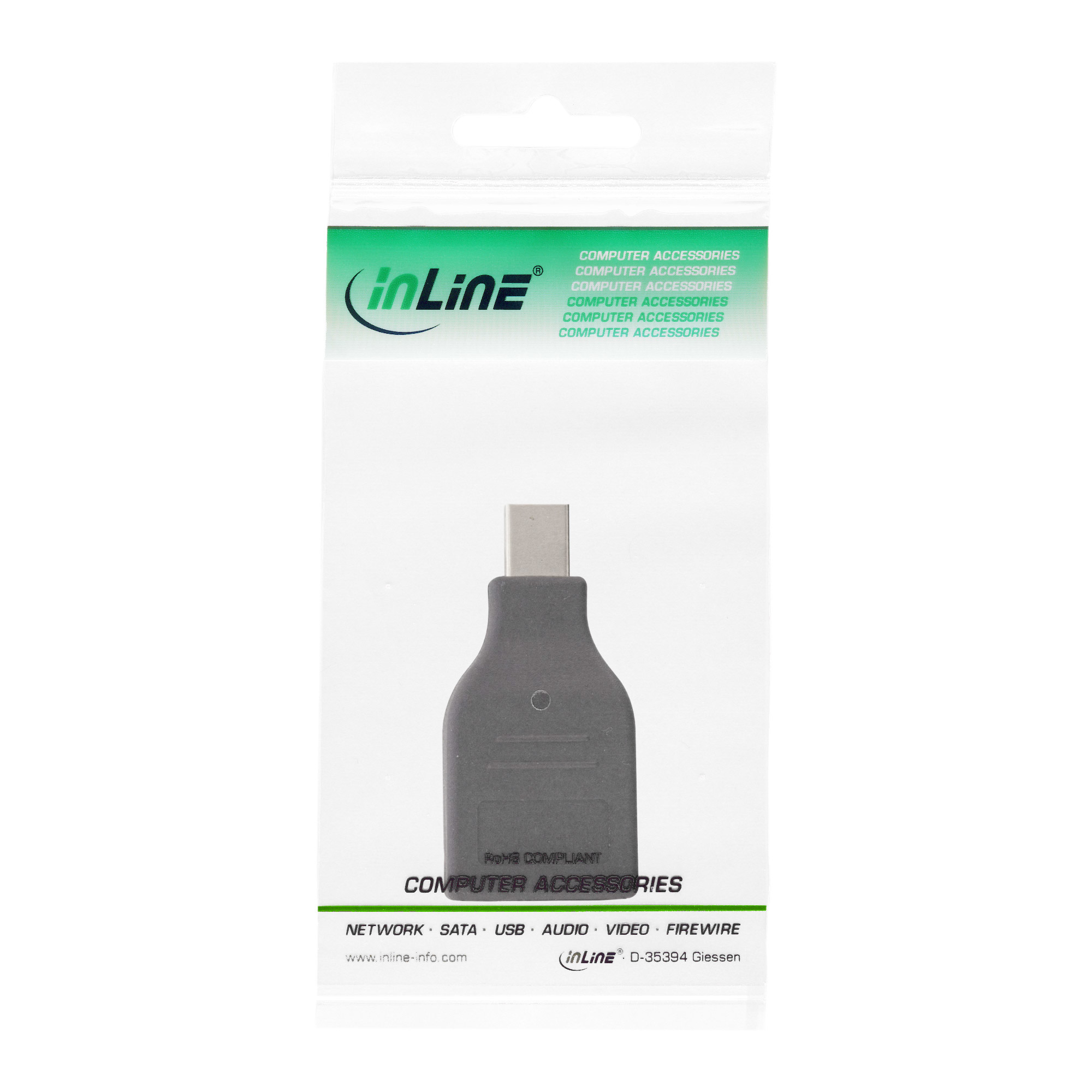 Confezione di plastica trasparente con un adattatore USB-C nero all'interno. La confezione ha testo verde e bianco.
