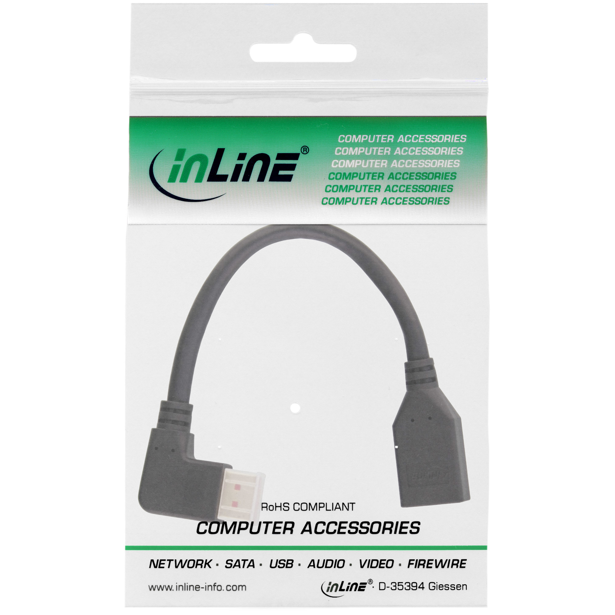 Zwarte USB-adapterkabel in verpakking. Hoekige adapter, zwarte kabel, witte achtergrond.