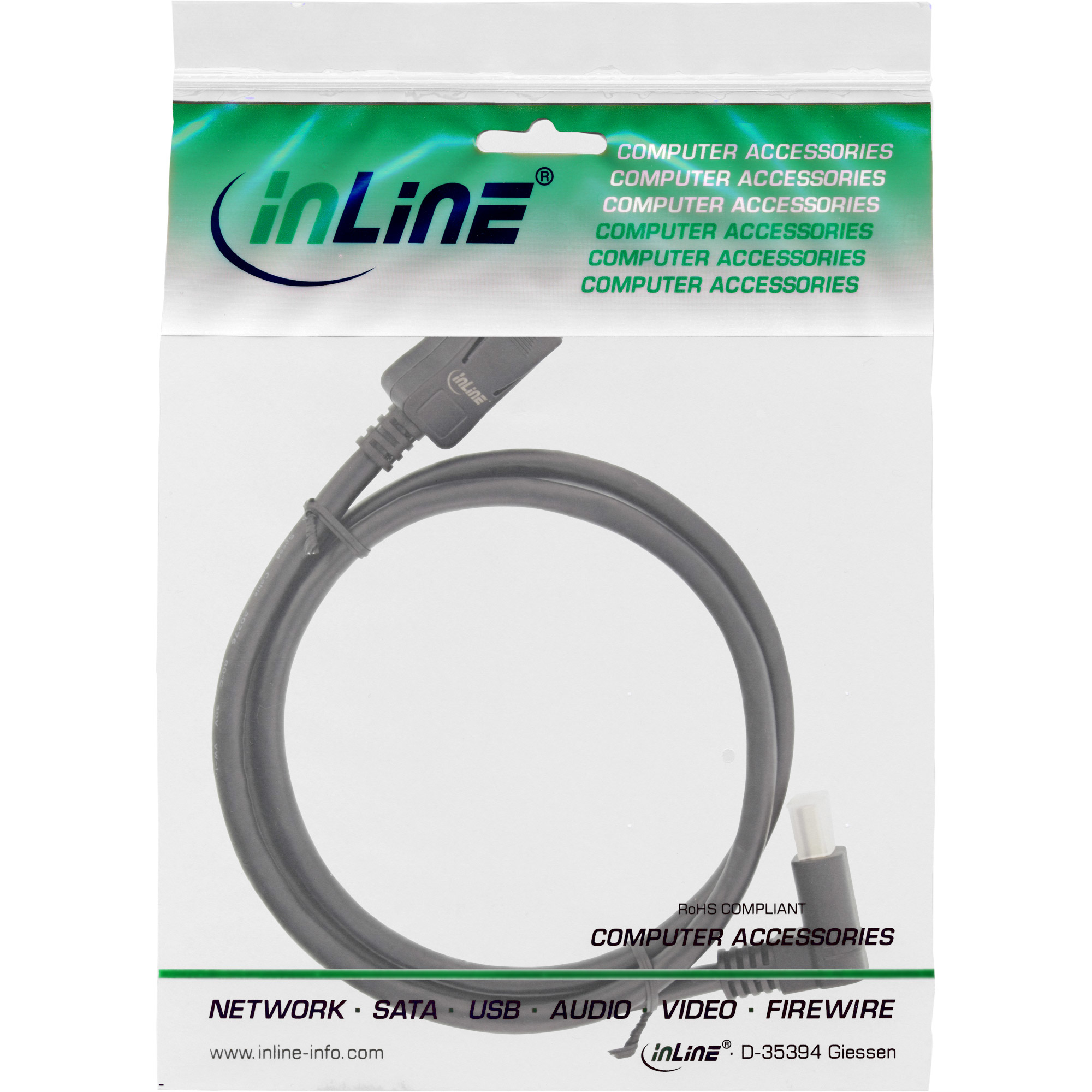 Een kabel in een plastic zak. Tekst: Computeraccessoires, Netwerk, SATA, USB, Audio, Video, Firewire.