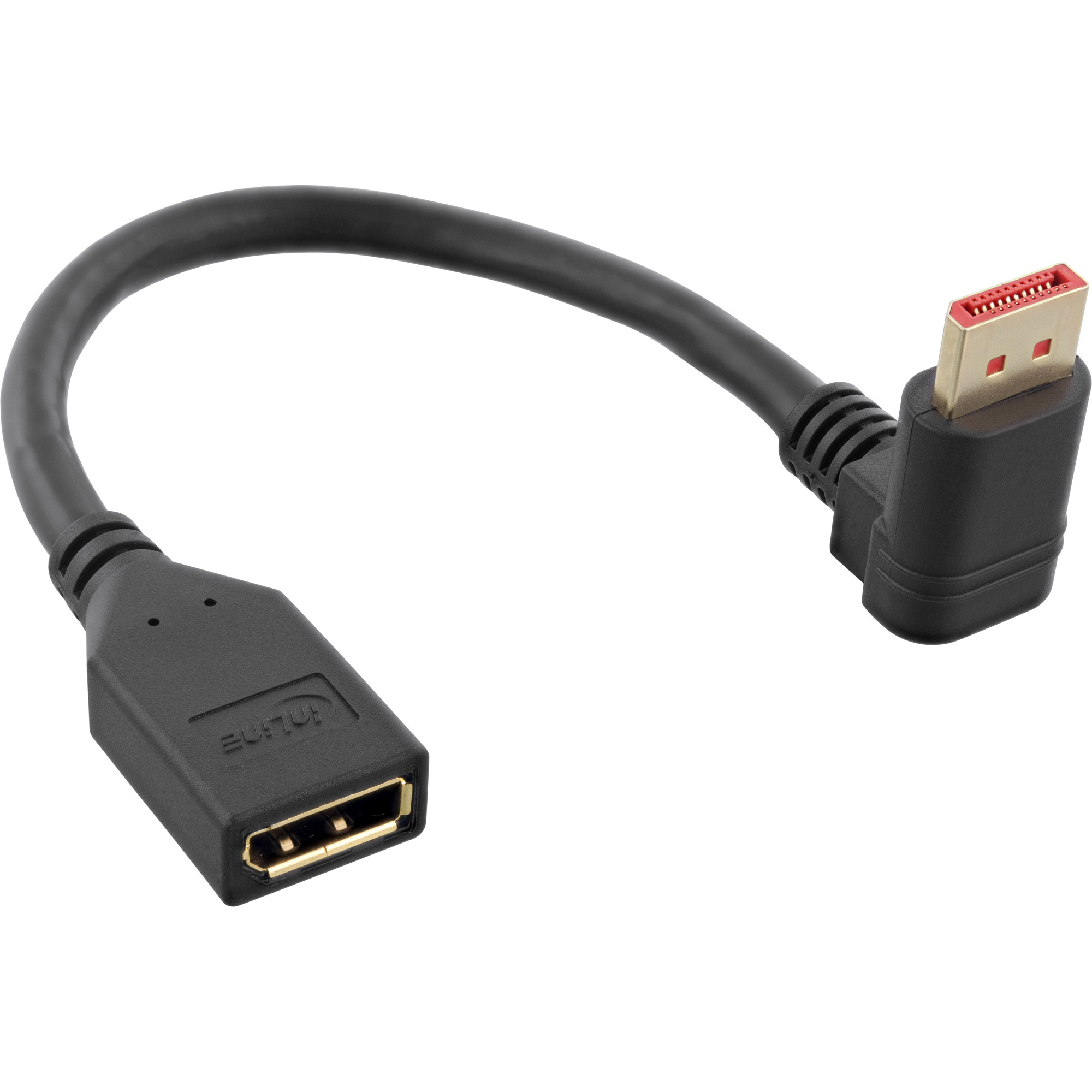 Zwarte DisplayPort naar DisplayPort haakse adapterkabel. De uiteinden zijn haaks.