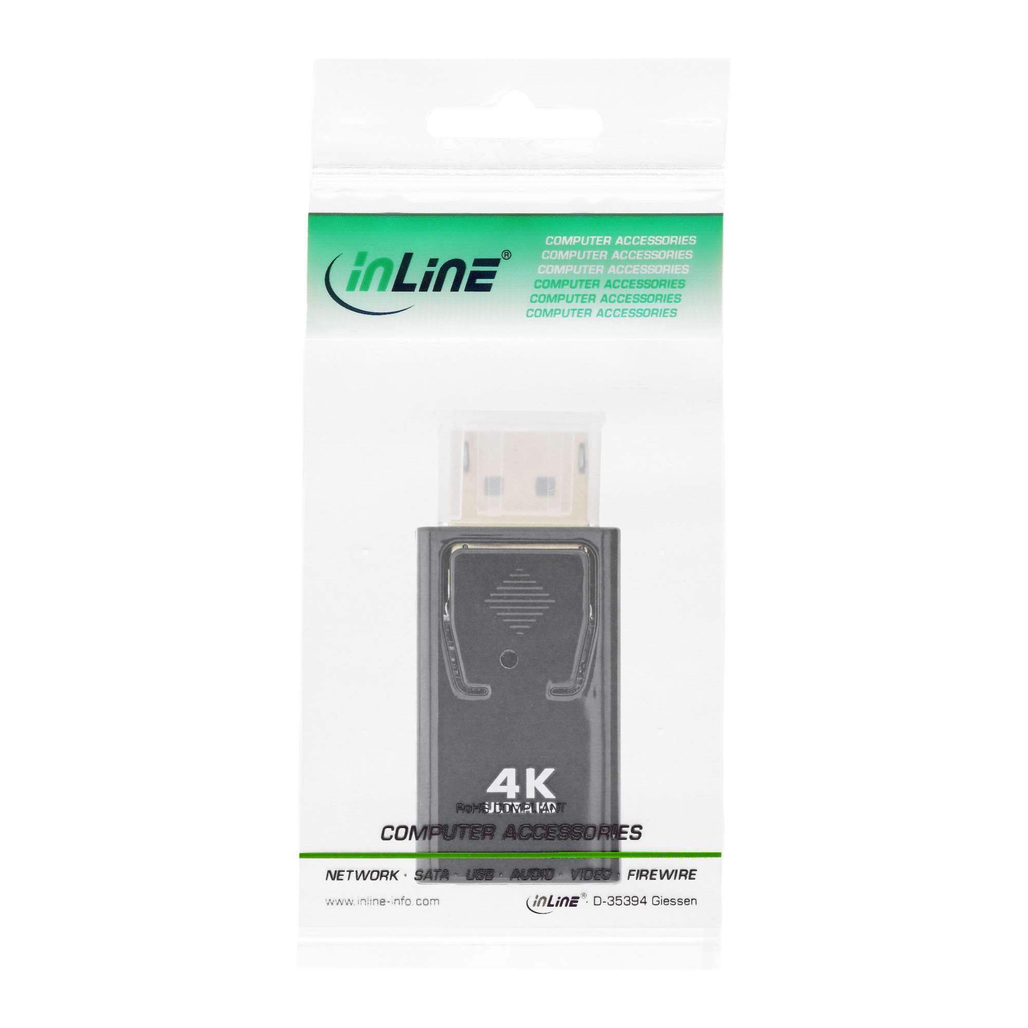 Ein schwarzer 4K Inline-Adapter in einer Plastiktüte. Die Verpackung enthält Produktdetails.