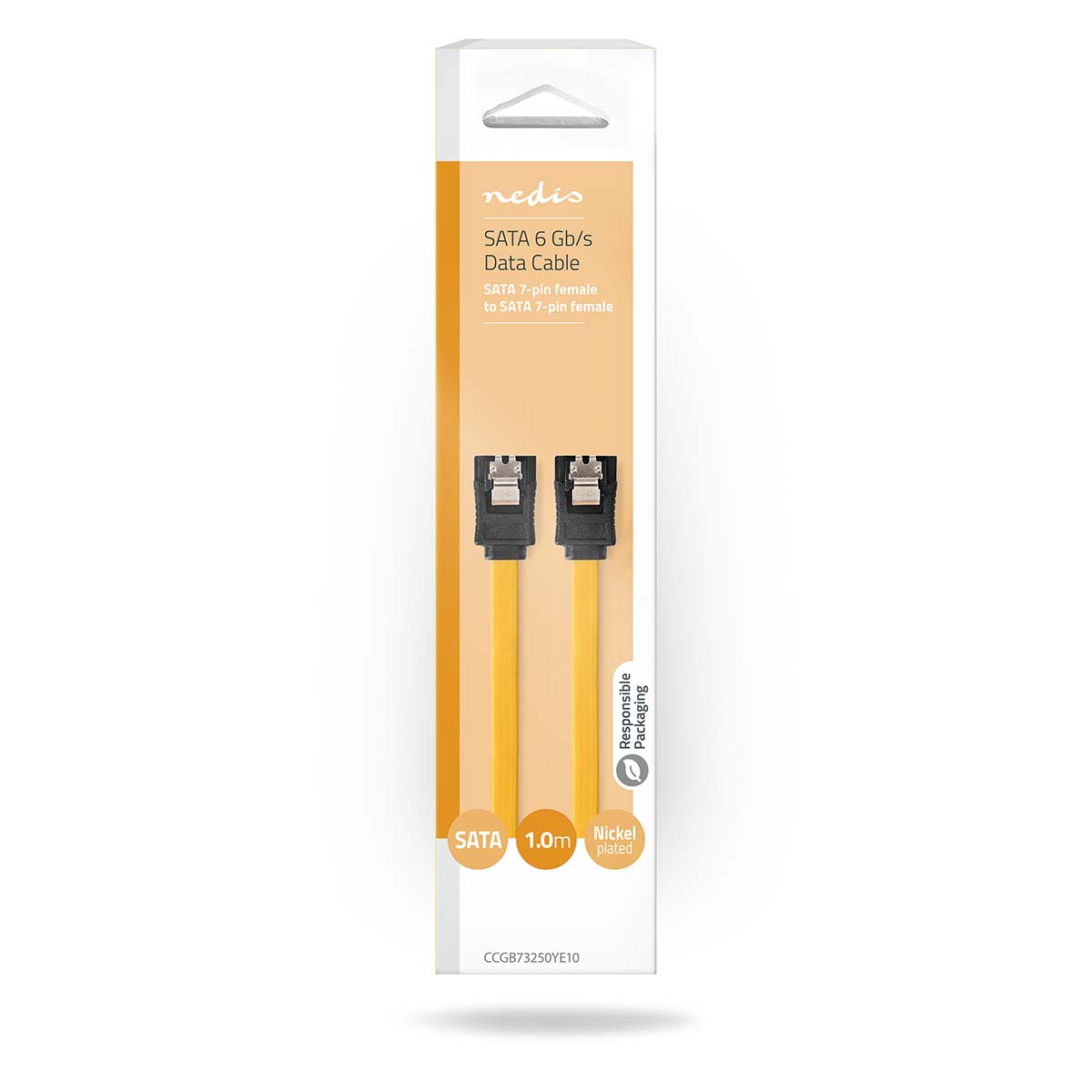 Kabel danych SATA 6 Gb/s. Jest żółty z czarnymi złączami i znajduje się w opakowaniu.
