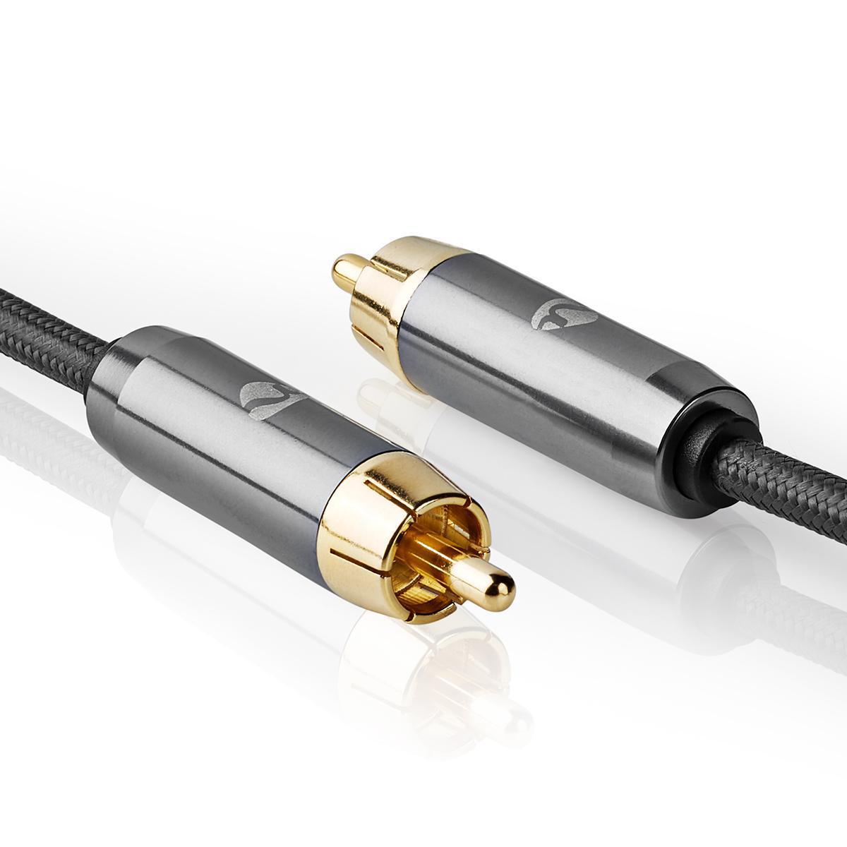 Two black RCA cables with gold connectors on a white surface.