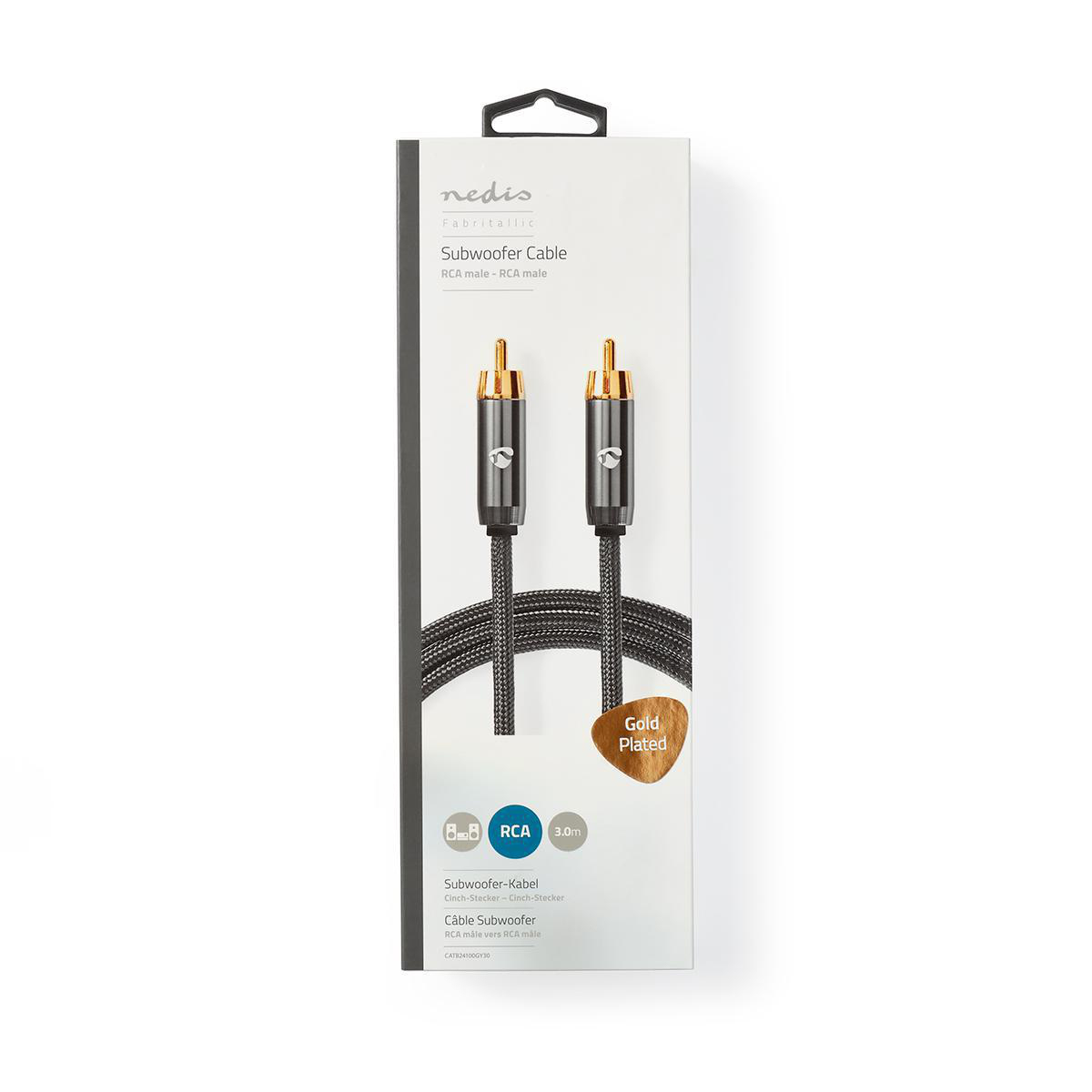 Subwoofer cable package, gold plated, black cable, white package, gold plugs.