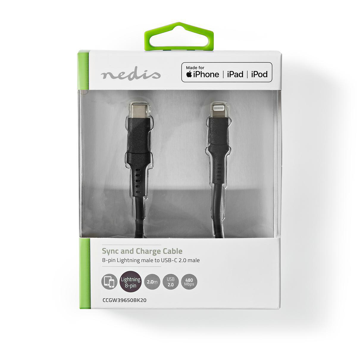 Transparente Verpackung mit einem schwarzen Sync- und Ladekabel für iPhone, iPad und iPod, auf Weiß.