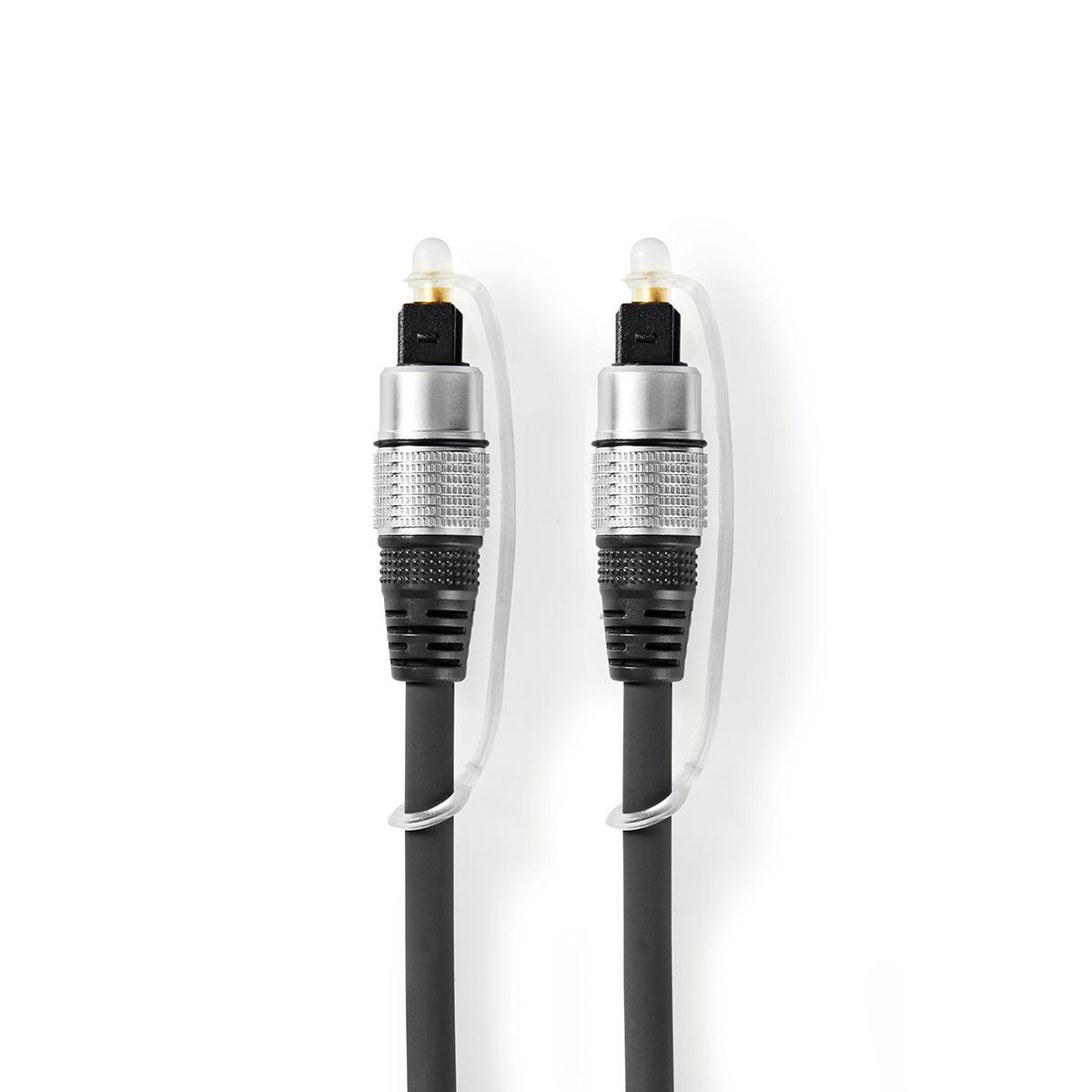 Due cavi audio ottici neri con cappucci trasparenti. Sono su sfondo bianco.