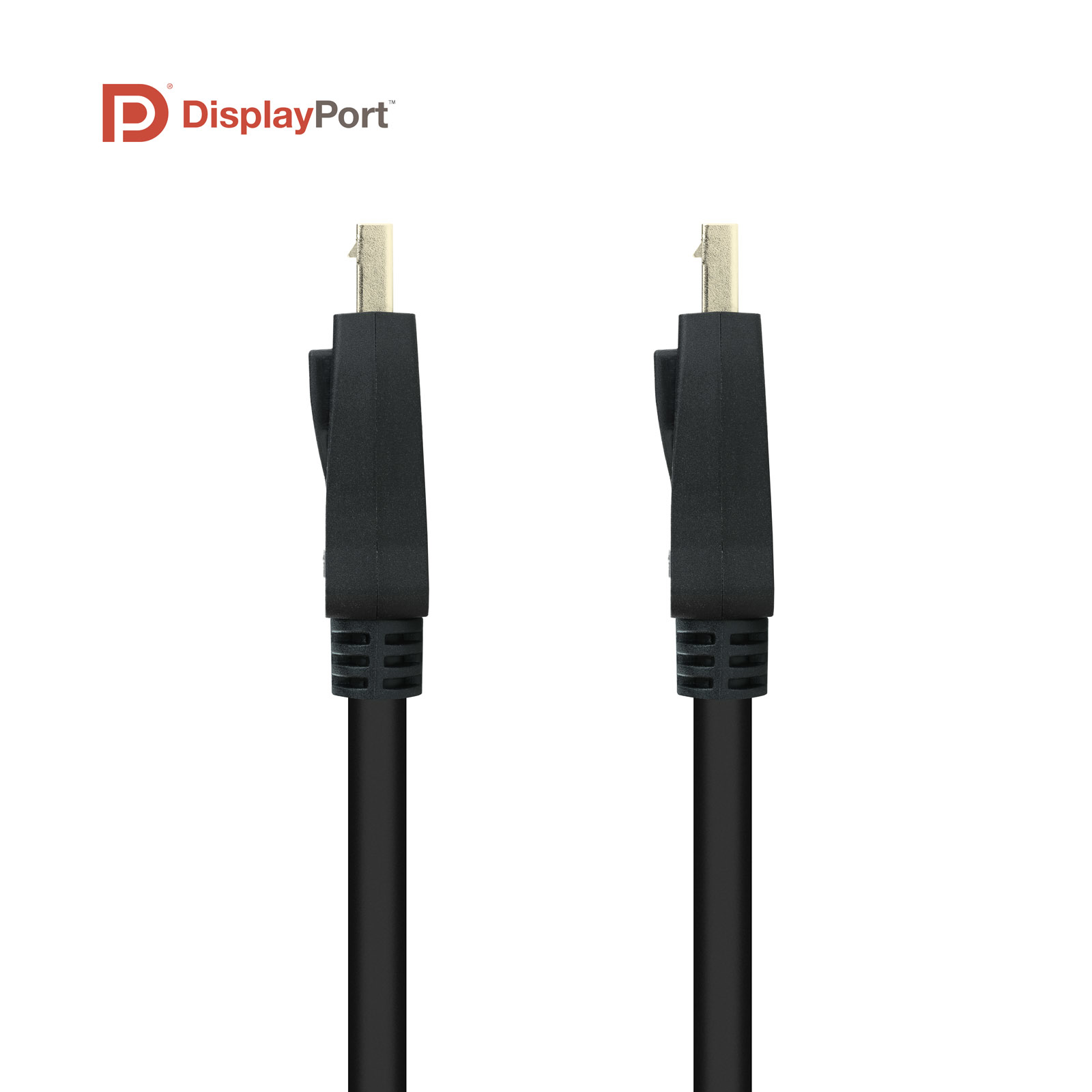 Zwarte DisplayPort-kabel met connectoren aan beide uiteinden, geïsoleerd op wit.