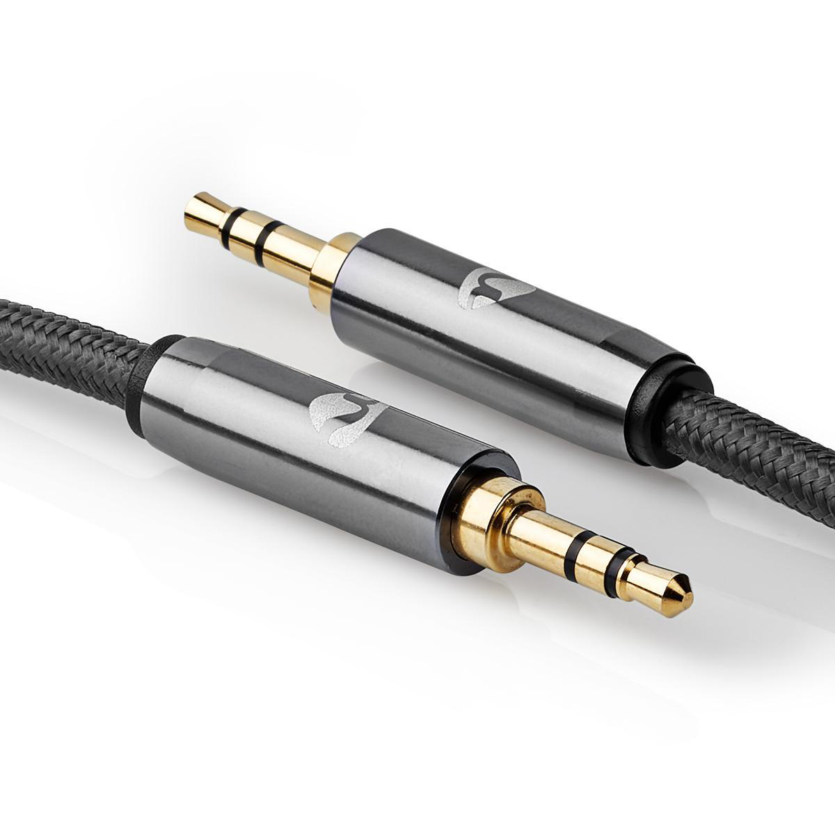 Twee audiokabels met 3,5 mm jacks. Kabels zijn grijs en zwart.