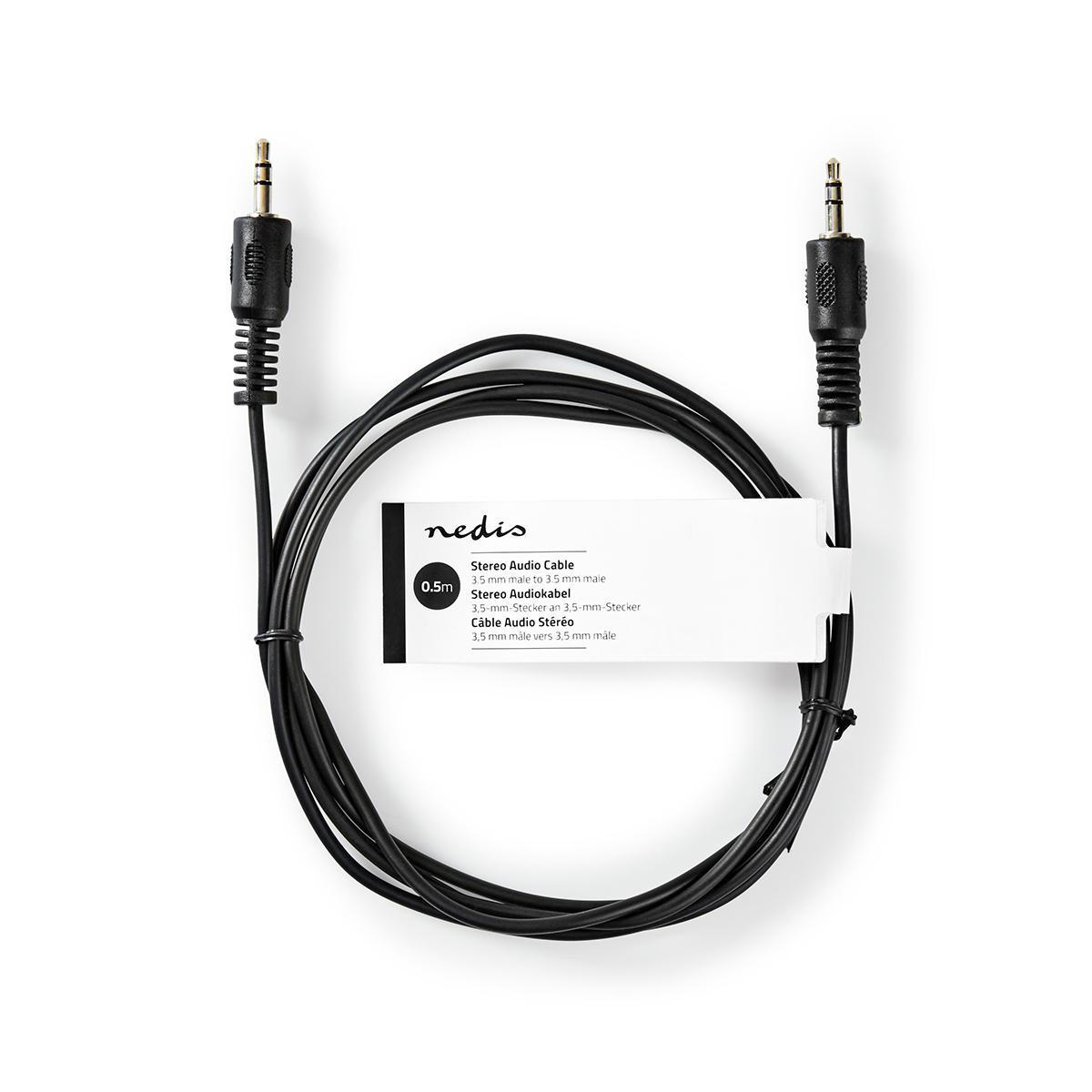 Cable de audio estéreo negro, 0,5 m de largo, con dos conectores macho de 3,5 mm.